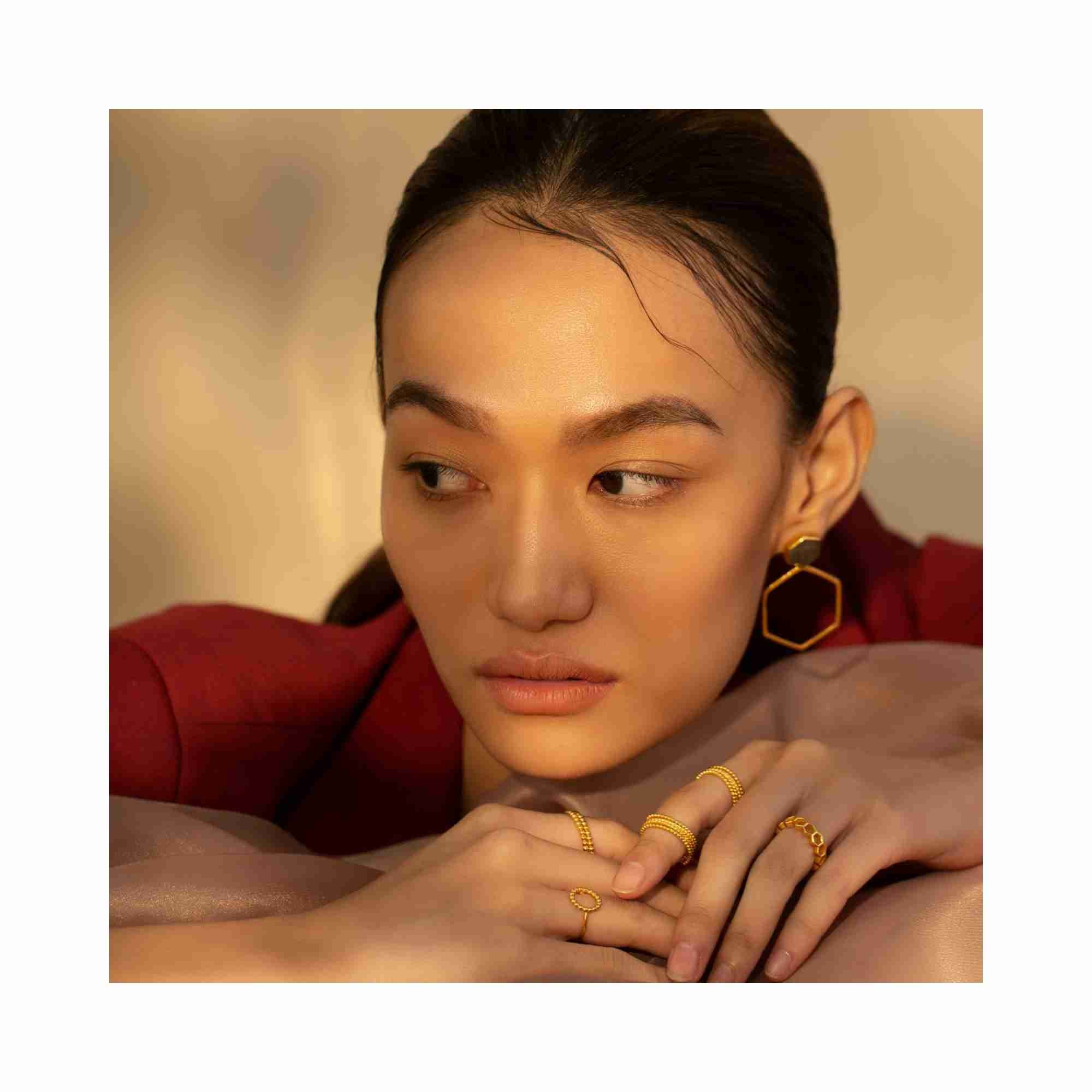 Geo Glam Hexagonal Statement Earrings Gold — styling collage with the large hexagonal drop earrings in 22K gold vermeil by Protsaah Zurich.