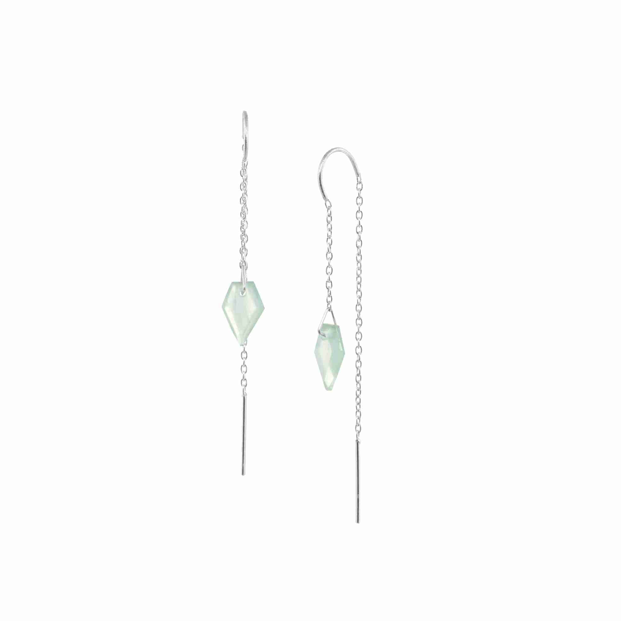 Product photography of Geo Glam Aqua Chalcedony Diamond Drop Threader Earrings Silver, highlighting the faceted elongated diamond-shaped green gemstone suspended from a fine silver pull-through chain — Protsaah Zurich.