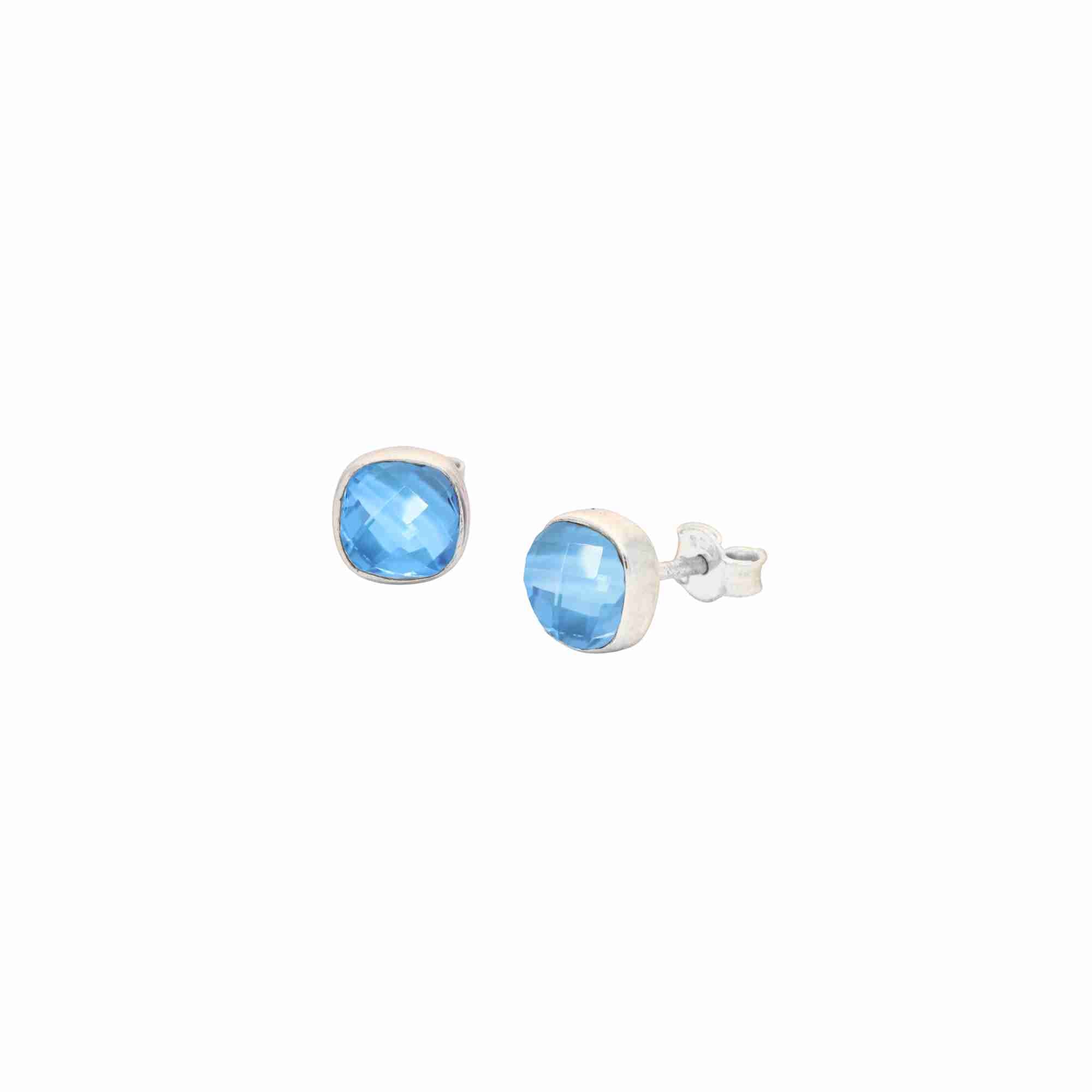 Geo Glam Blue Topaz Minimal Square Stone Stud Earrings Silver — cushion-cut Blue Topaz in a minimal square bezel in high-polish silver finish on a butterfly-back post — Protsaah.