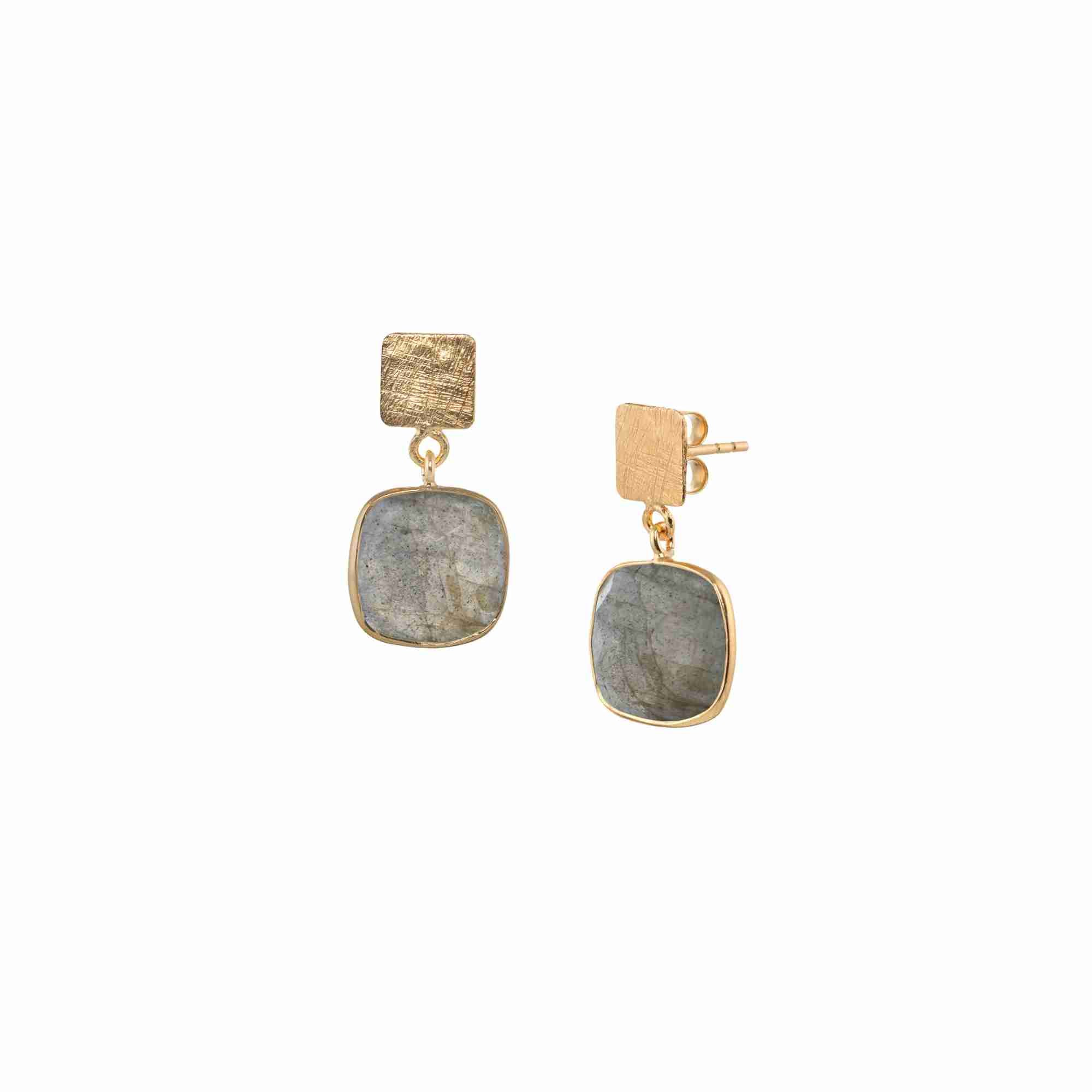 Product photography of Geo Glam Cushion-Cut Labradorite Drop Earrings Gold, highlighting the faceted square smoky grey gemstone with blue flashes suspended from a hand-textured matte gold square post — Protsaah Zurich.