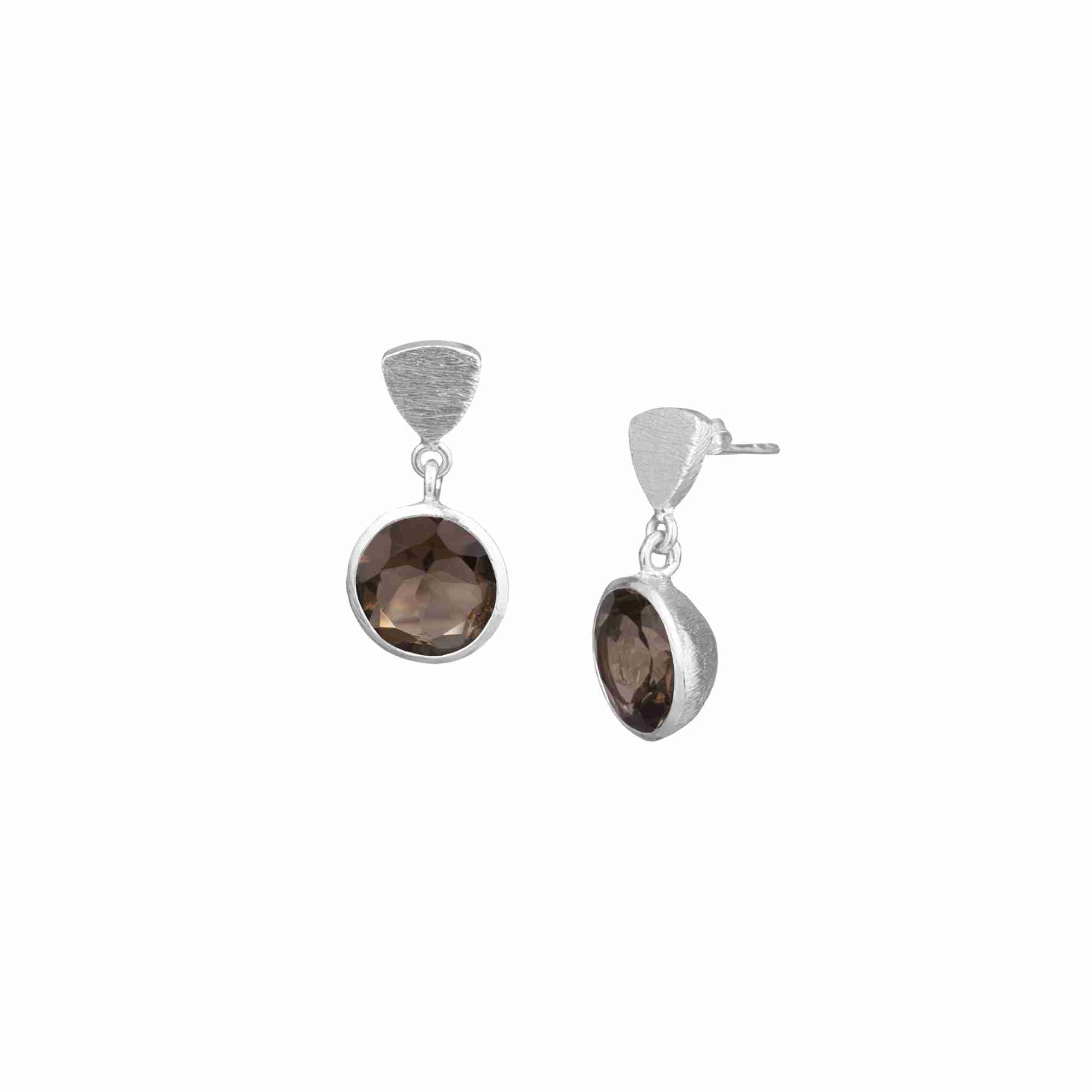 Geo Glam Hemisphere Smoky Quartz Drop Earrings Silver — brushed triangular stud suspending a round bezel-set Smoky Quartz drop in high-polish silver bezel on a butterfly-back post — Protsaah.