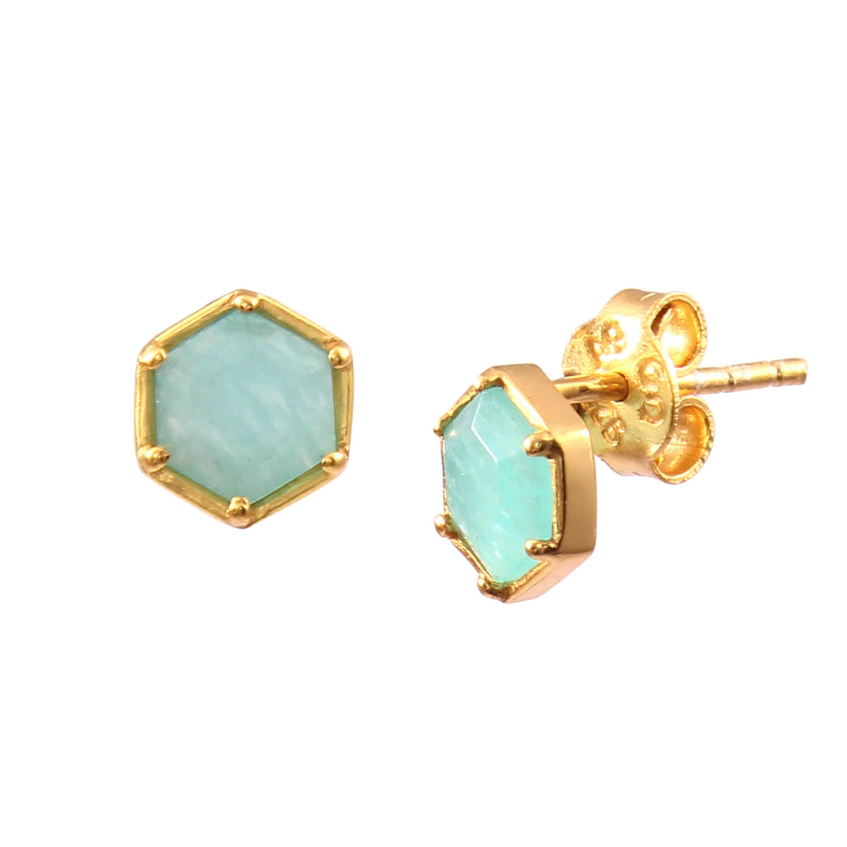 Geo Glam Hexagon Stone Stud Earrings Gold Aqua Chalcedony — geometric claw-set hexagon-cut natural Aqua Chalcedony gemstones in 22K gold finish studs — Protsaah.