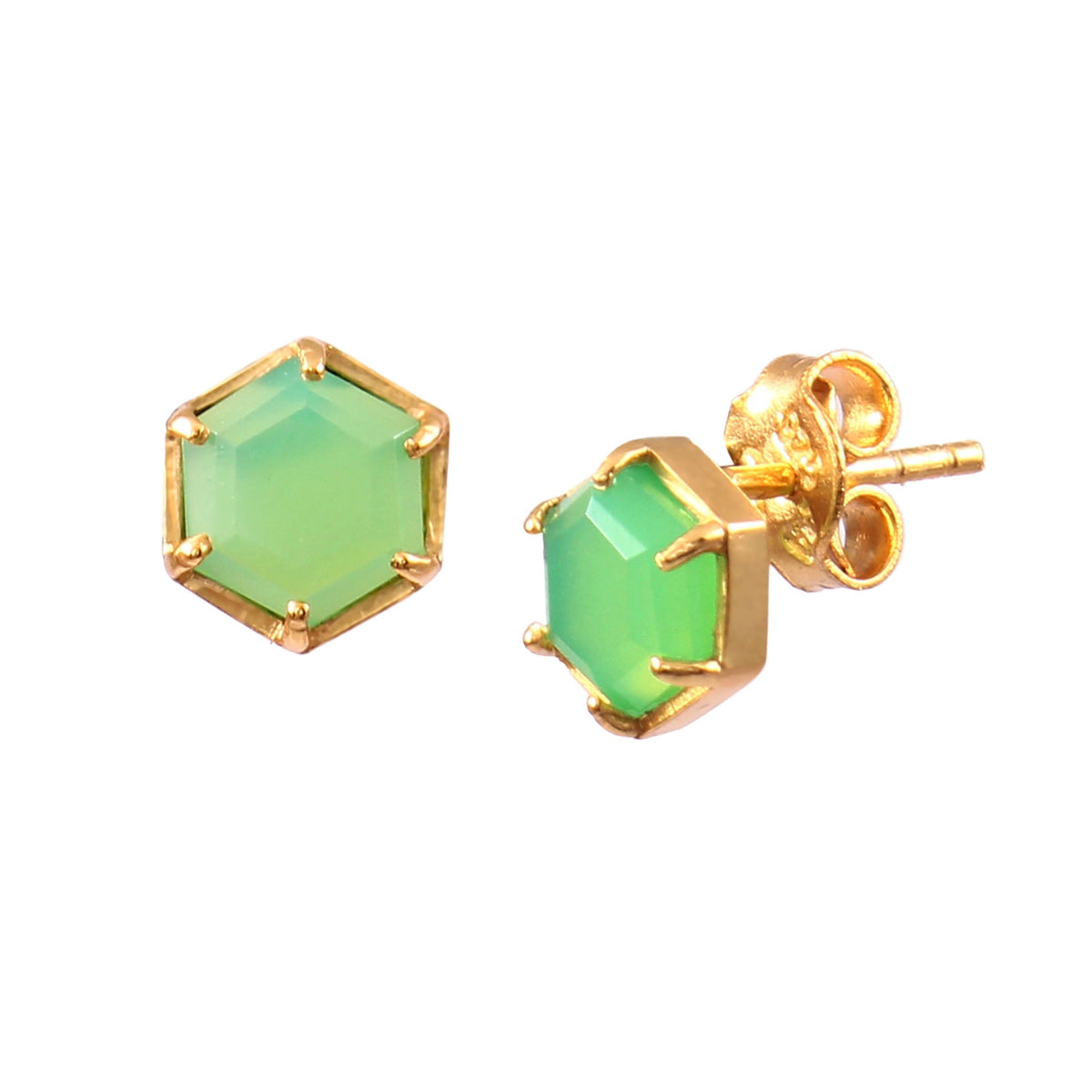 Geo Glam Hexagon Stone Stud Earrings Gold Nephrite — geometric claw-set hexagon-cut natural Nephrite Jade gemstones in 22K gold finish studs — Protsaah.