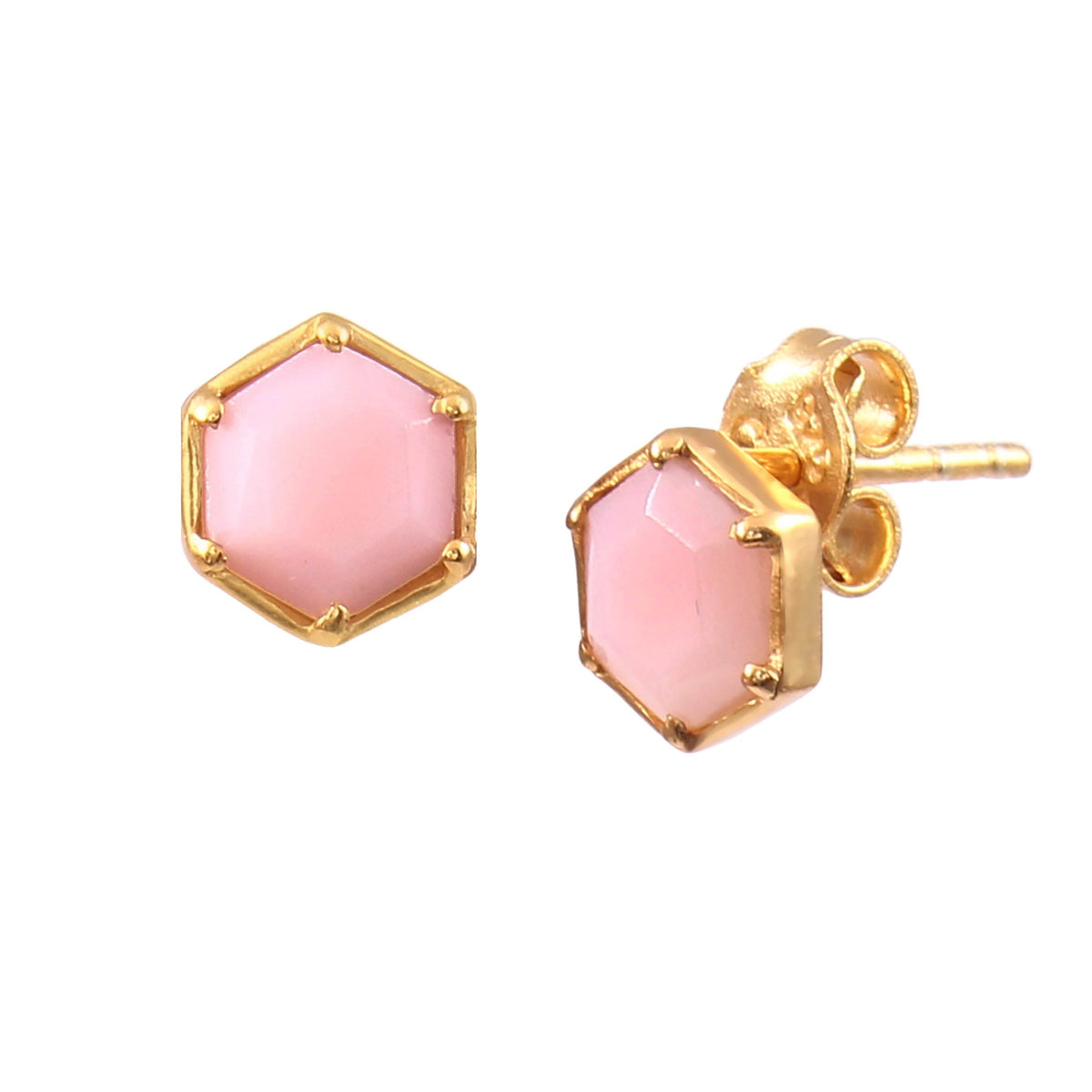 Geo Glam Hexagon Stone Stud Earrings Gold Pink Opal — geometric claw-set hexagon-cut natural Pink Opal gemstones in 22K gold finish studs — Protsaah.
