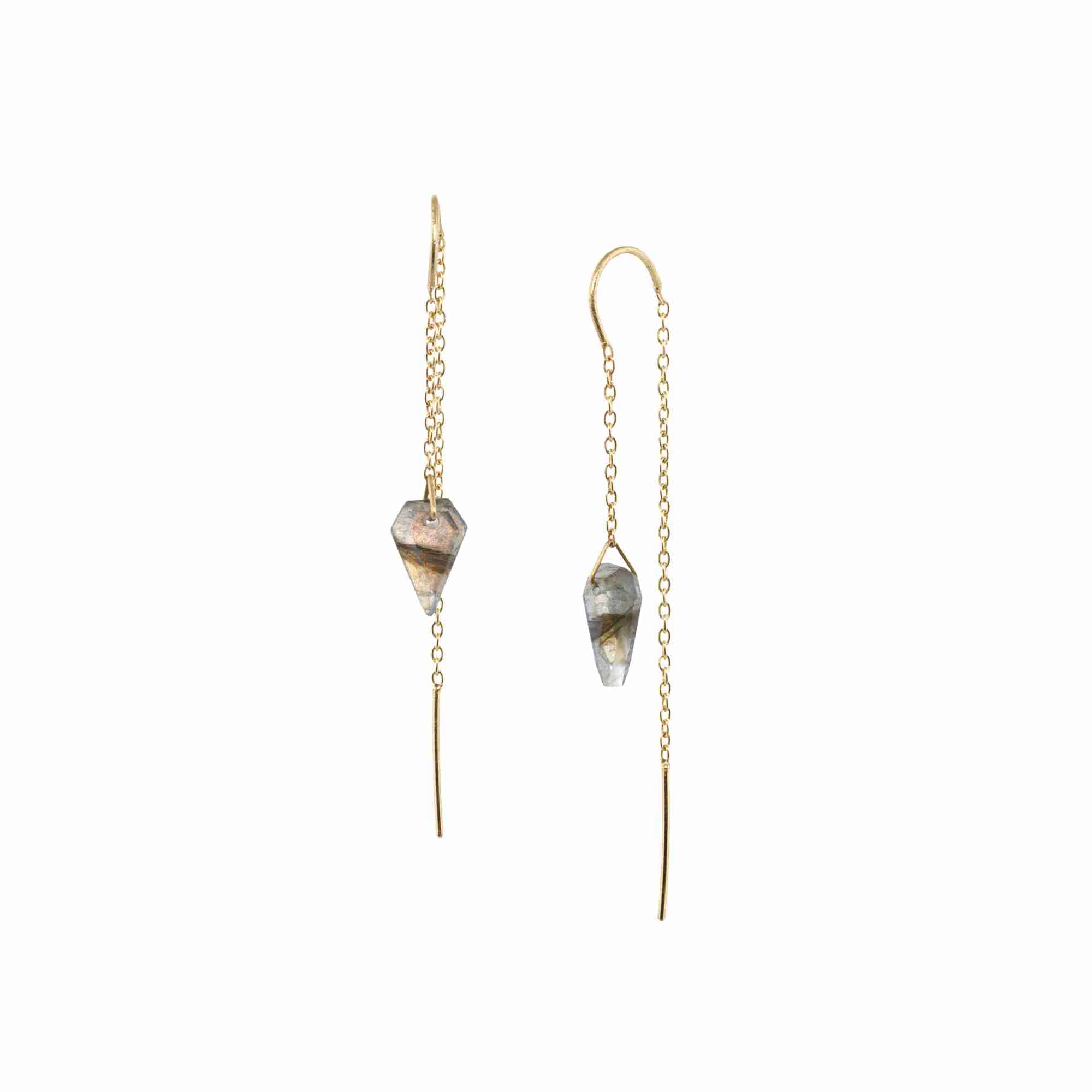 Product photography of Geo Glam Diamond-Cut Labradorite Threader Earrings Gold, highlighting the faceted elongated diamond-shaped grey gemstone with blue flashes suspended from a fine gold pull-through chain — Protsaah Zurich.