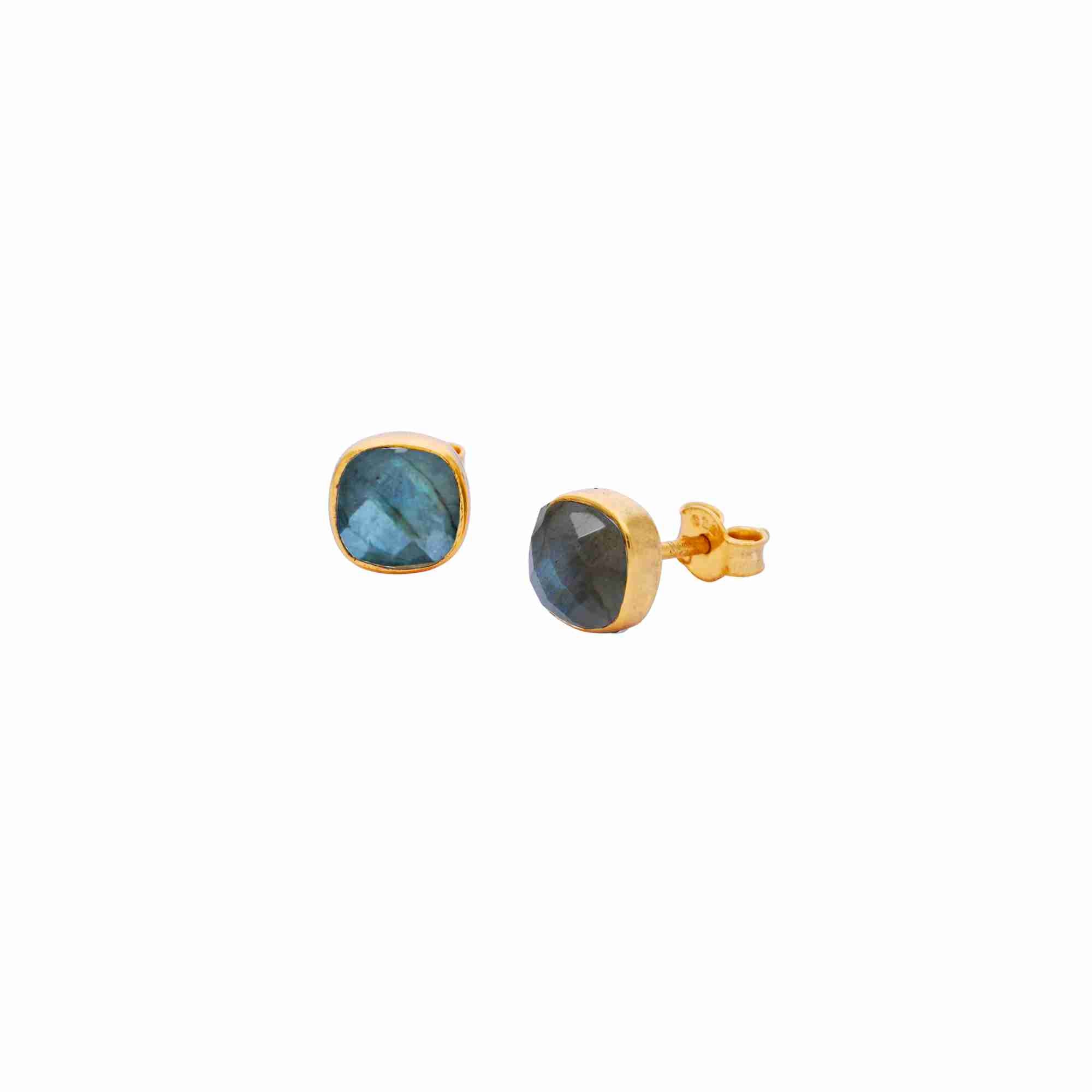 Geo Glam Labradorite Minimal Square Stone Stud Earrings Gold — cushion-cut Labradorite in a minimal square bezel in high-polish 22K gold finish on a butterfly-back post — Protsaah.