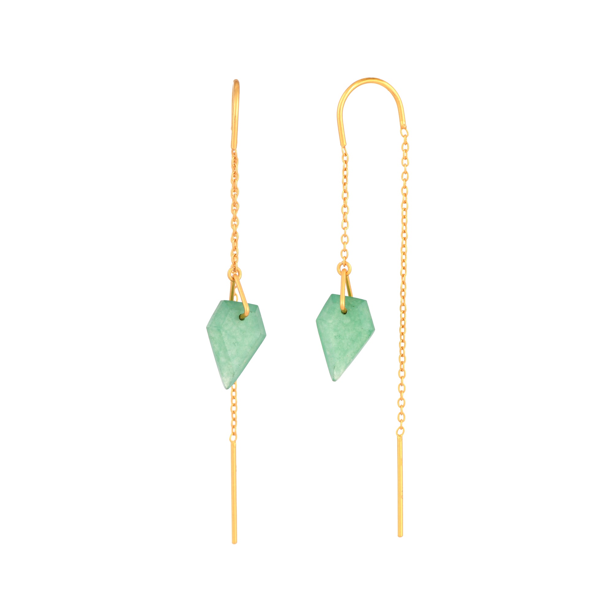 Studio product photography of the Protsaah Geo Glam Nephrite Diamond Drop Threader Earrings in Gold (SKU: DSC_4161.jpg), showing the elongated, geometric rich green nephrite jade gemstone hanging from a fine gold vermeil threader chain.