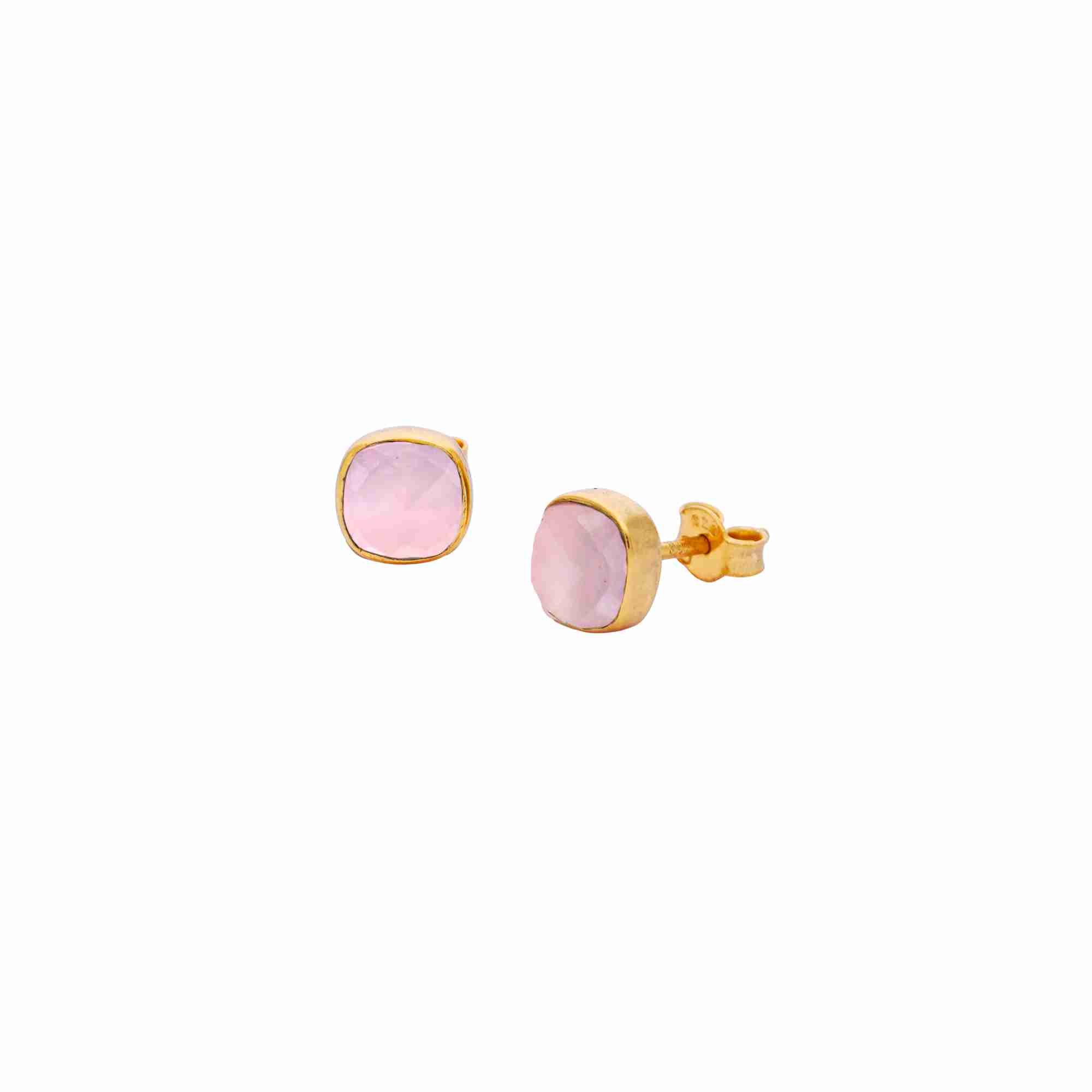 Geo Glam Pink Chalcedony Minimal Square Stone Stud Earrings Gold — cushion-cut Pink Chalcedony in a minimal square bezel in high-polish 22K gold finish on a butterfly-back post — Protsaah.

