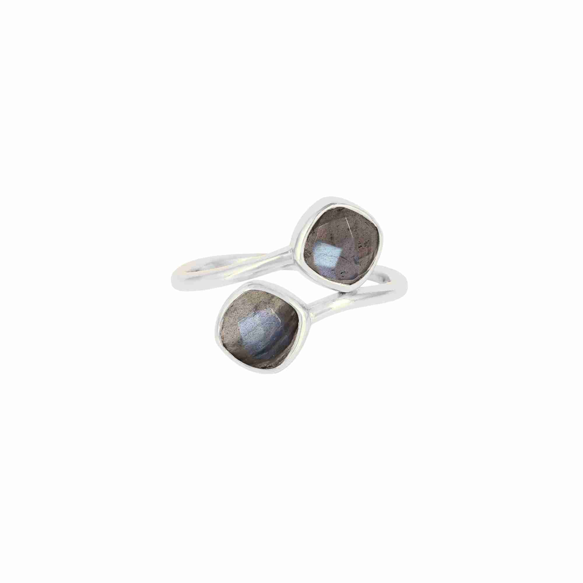 Studio product photography of the Protsaah Geo Glam Toi et Moi Labradorite Ring in Silver (SKU: RN-063-AG-LB), showcasing two cushion-cut iridescent grey-blue labradorite gemstones on an adjustable open-front sterling silver band.