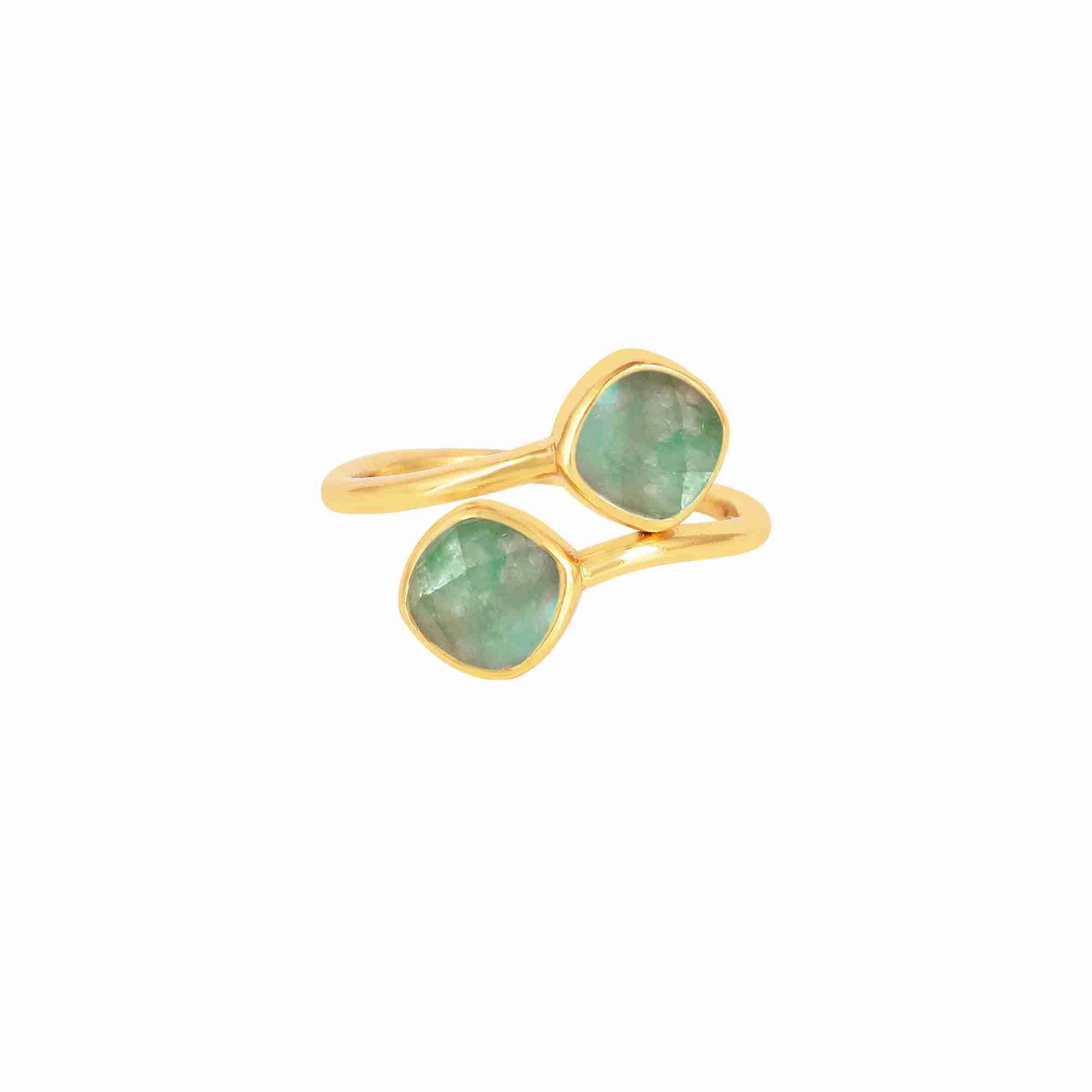 Studio product photography of the Protsaah Geo Glam Toi et Moi Nephrite Ring in Gold (SKU: RN-063-AU-NFR), showcasing two cushion-cut deep forest-green nephrite jade gemstones on an adjustable open-front gold band.