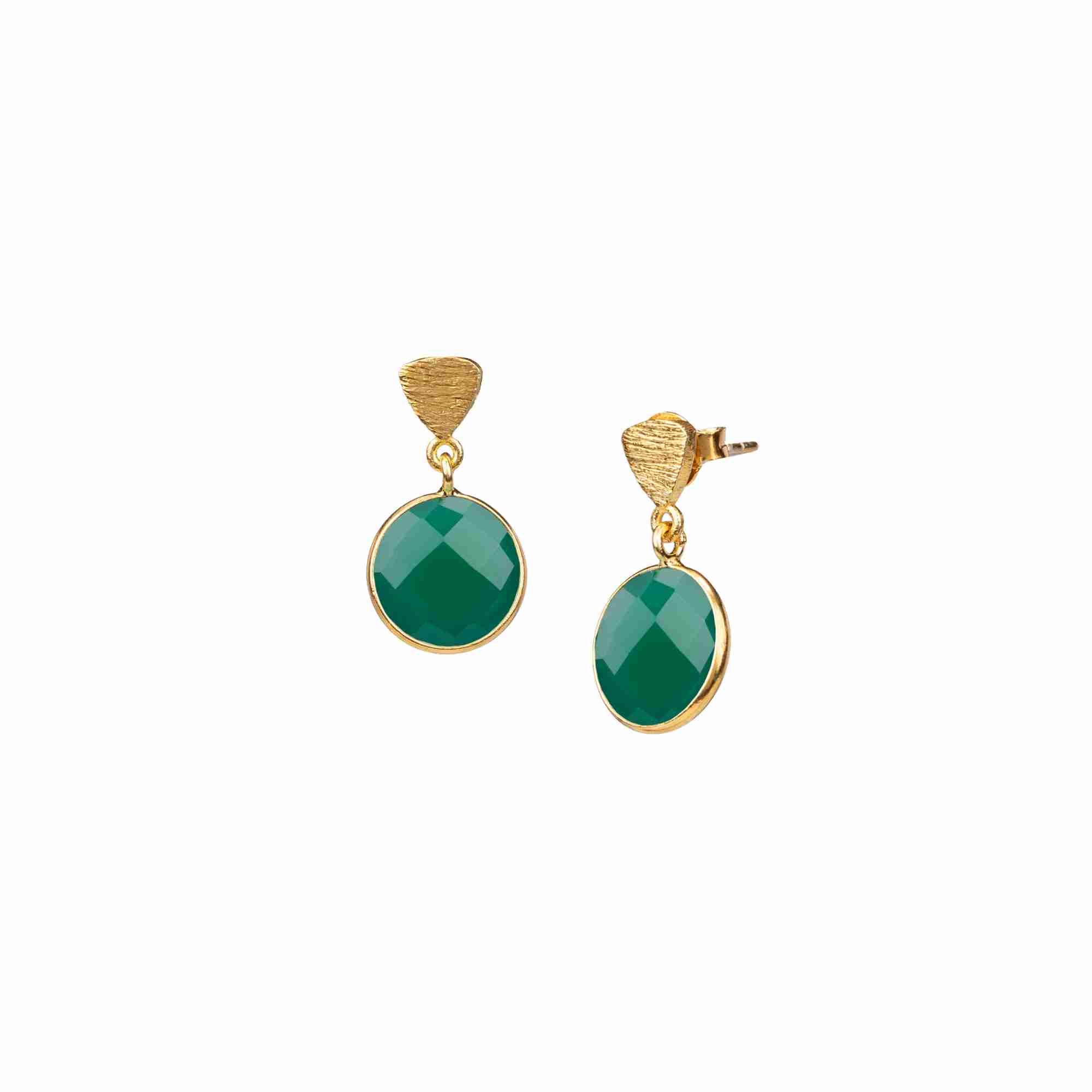 Product photography of Geo Glam Triangle Textured Green Onyx Drop Earrings Gold, highlighting the faceted round vibrant green gemstone suspended from a hand-textured matte gold triangular post — Protsaah Zurich.