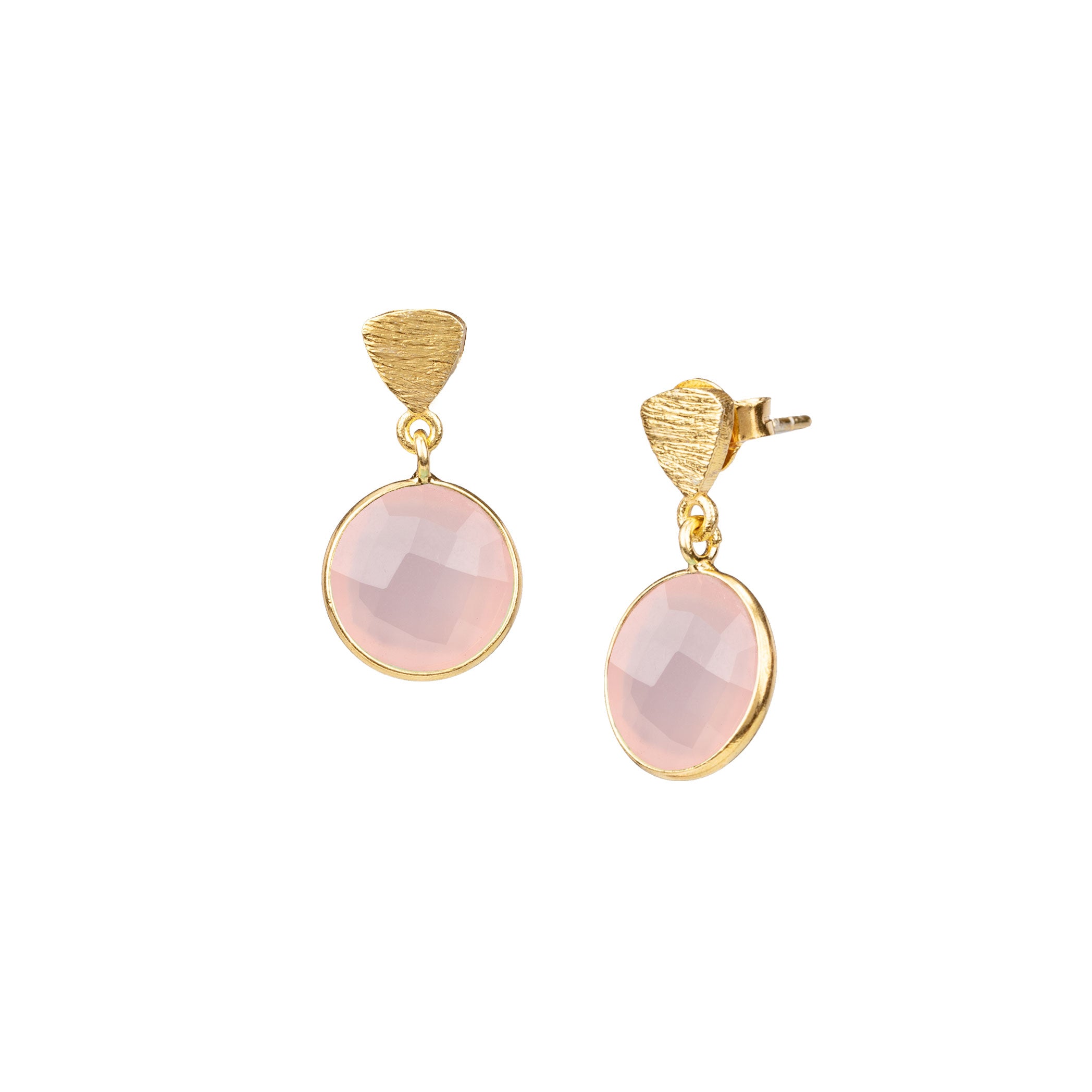 Studio product photography of the Protsaah Geo Glam Triangle Textured Pink Chalcedony Drop Earrings in Gold (SKU: ER-DP-011-AU-PC), showing the round translucent pastel pink gemstone dropping from a textured, matte gold triangle stud.