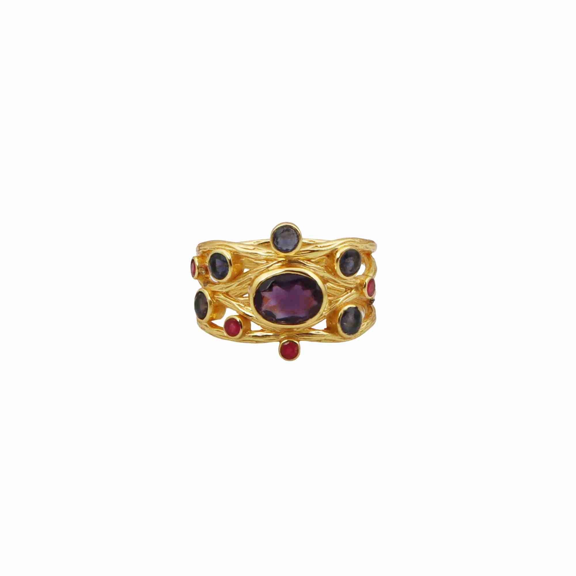 Protsaah Zurich - Kaleidoscope Amethyst Iolite and Ruby Jade statement ring in 22K gold-plated recycled silver front view, handcrafted sustainable jewelry Switzerland.