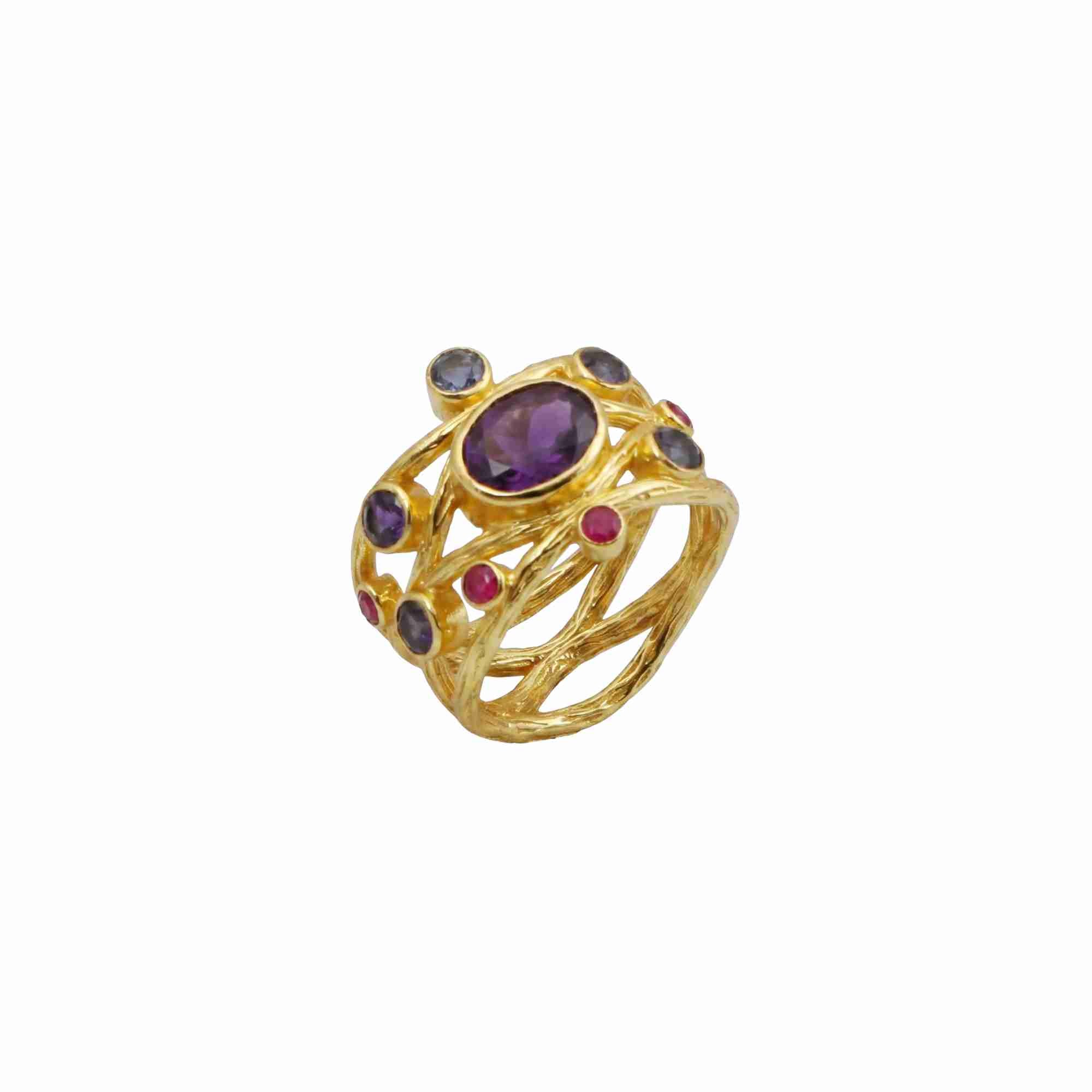 Protsaah Zurich - Kaleidoscope Amethyst Iolite and Ruby Jade statement ring in 22K gold-plated recycled silver side view, handcrafted sustainable jewelry Switzerland.