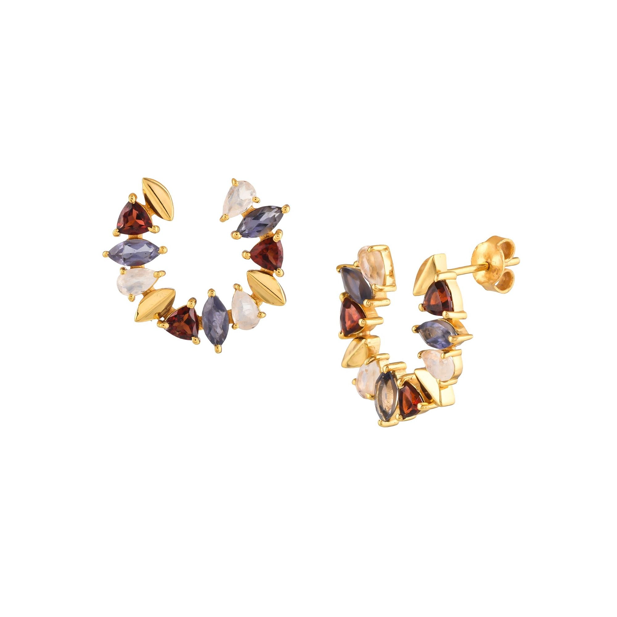 Kaleidoscope Arc Garnet, Iolite and Rainbow Moonstone Statement Earrings Gold — large circular hoop with deep red garnet, blue iolite and moonstone in 22K gold plated 925 Silver by Protsaah Zurich.