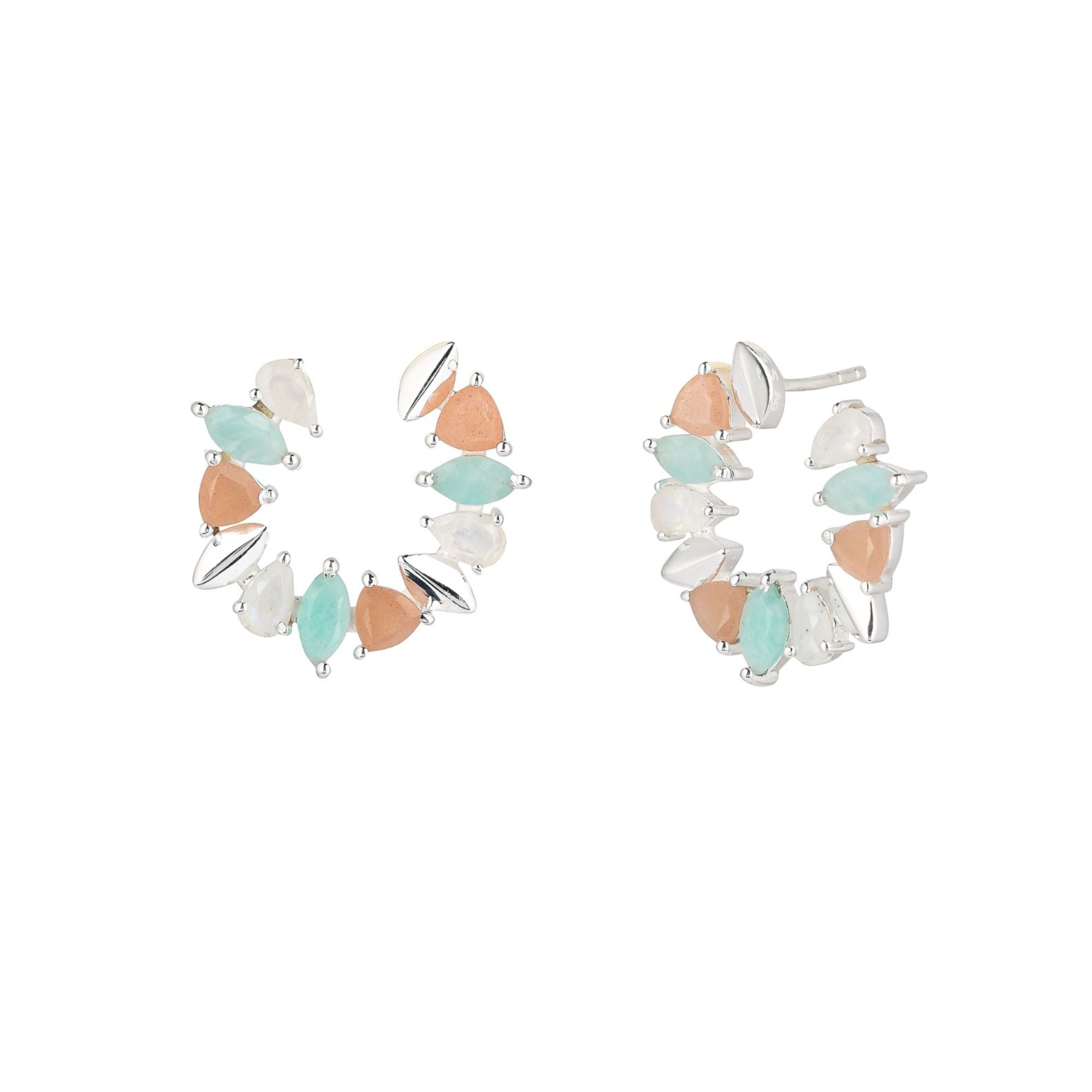 Protsaah Zurich - Kaleidoscope Arc multi gemstone statement earrings in recycled silver with Peach Moonstone, Amazonite, and Rainbow Moonstone, handcrafted sustainable jewelry Switzerland.