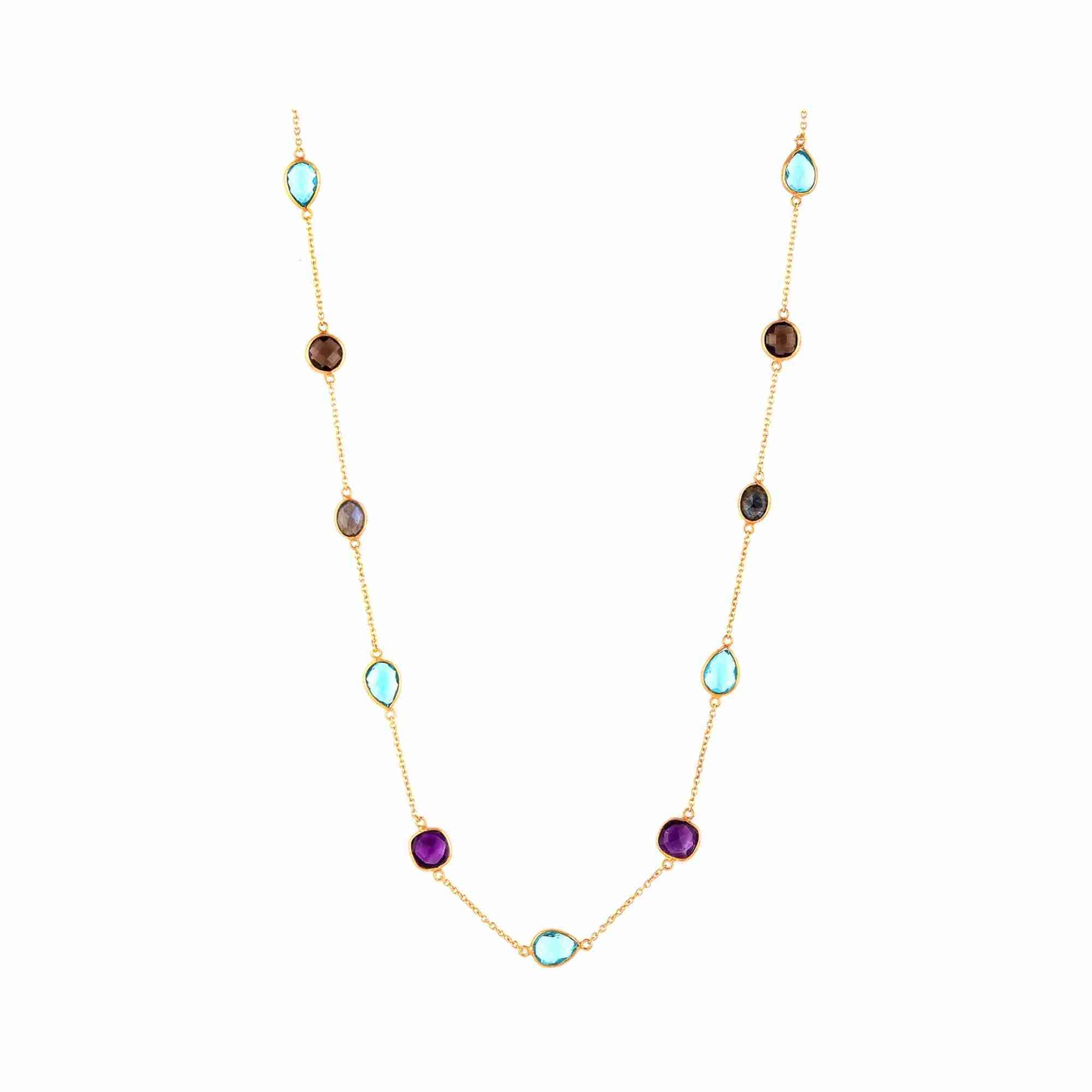 Protsaah Zurich - Kaleidoscope Aura multi gemstone long station layering necklace in 22K gold-plated recycled silver side view, handcrafted sustainable jewelry Switzerland.