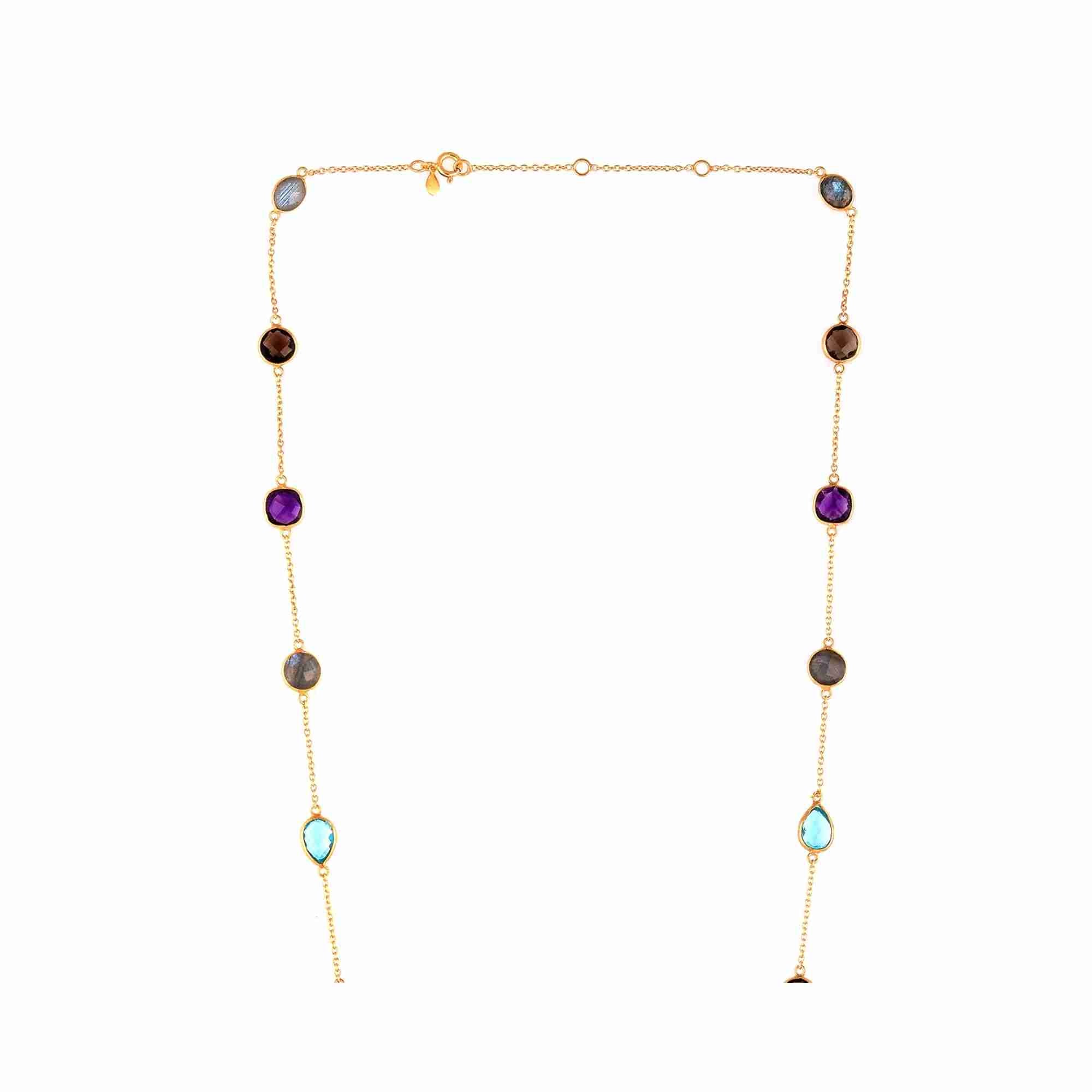 Protsaah Zurich - Kaleidoscope Aura multi gemstone long station layering necklace in 22K gold-plated recycled silver close-up detail, handcrafted sustainable jewelry Switzerland.