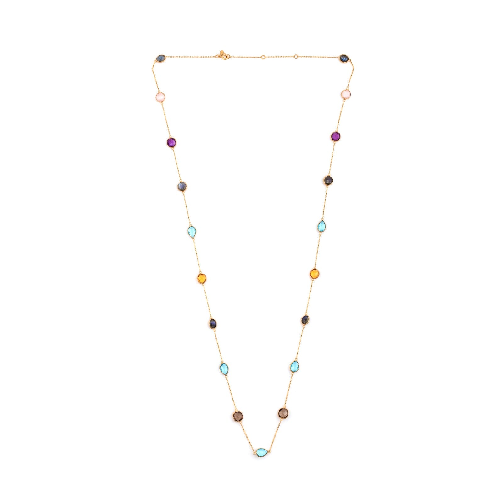 Protsaah Zurich - Kaleidoscope Aura multi gemstone long station layering necklace in 22K gold-plated recycled silver full view, handcrafted sustainable jewelry Switzerland.