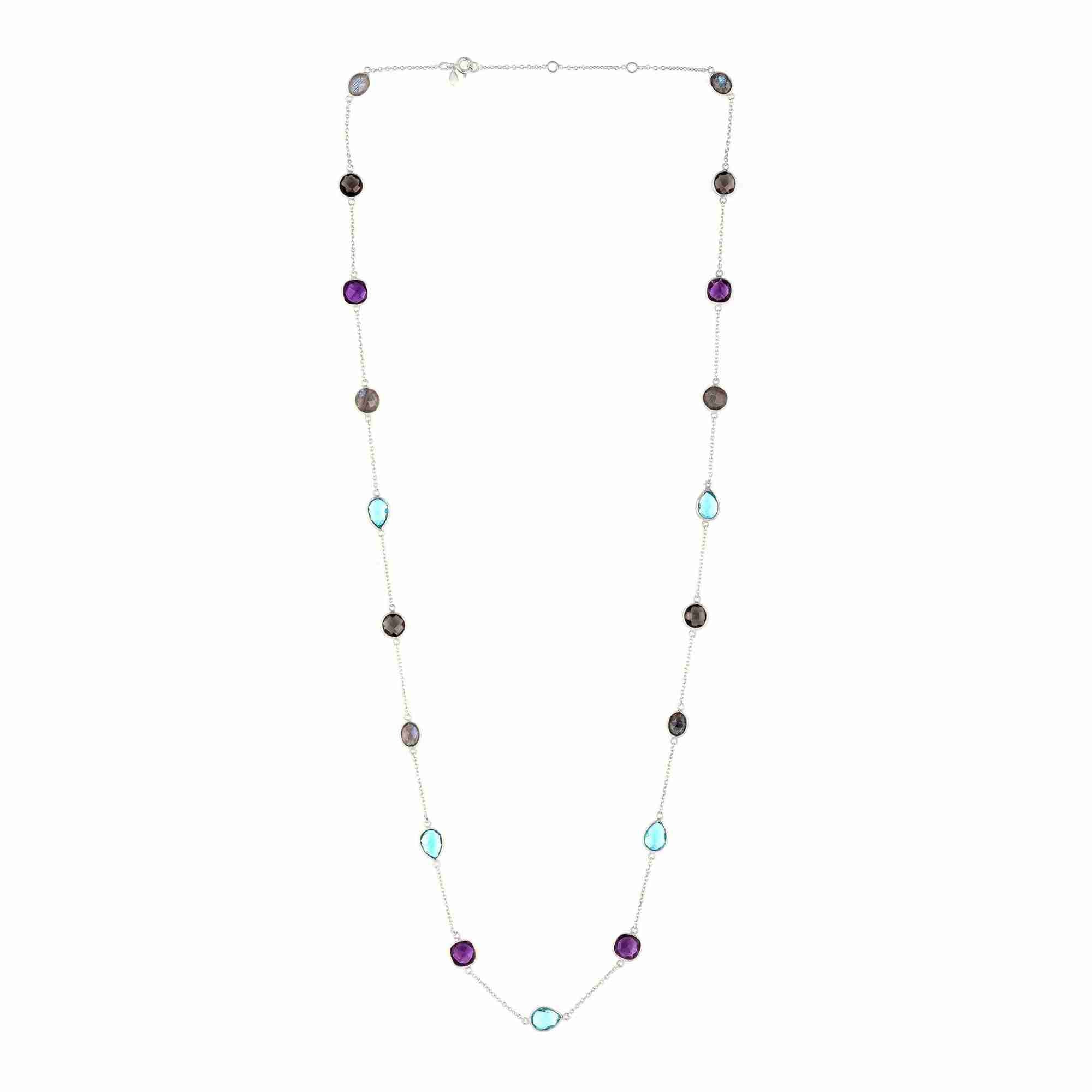 Protsaah Zurich - Kaleidoscope Aura multi gemstone long station layering necklace in recycled silver full view, handcrafted sustainable jewelry Switzerland.