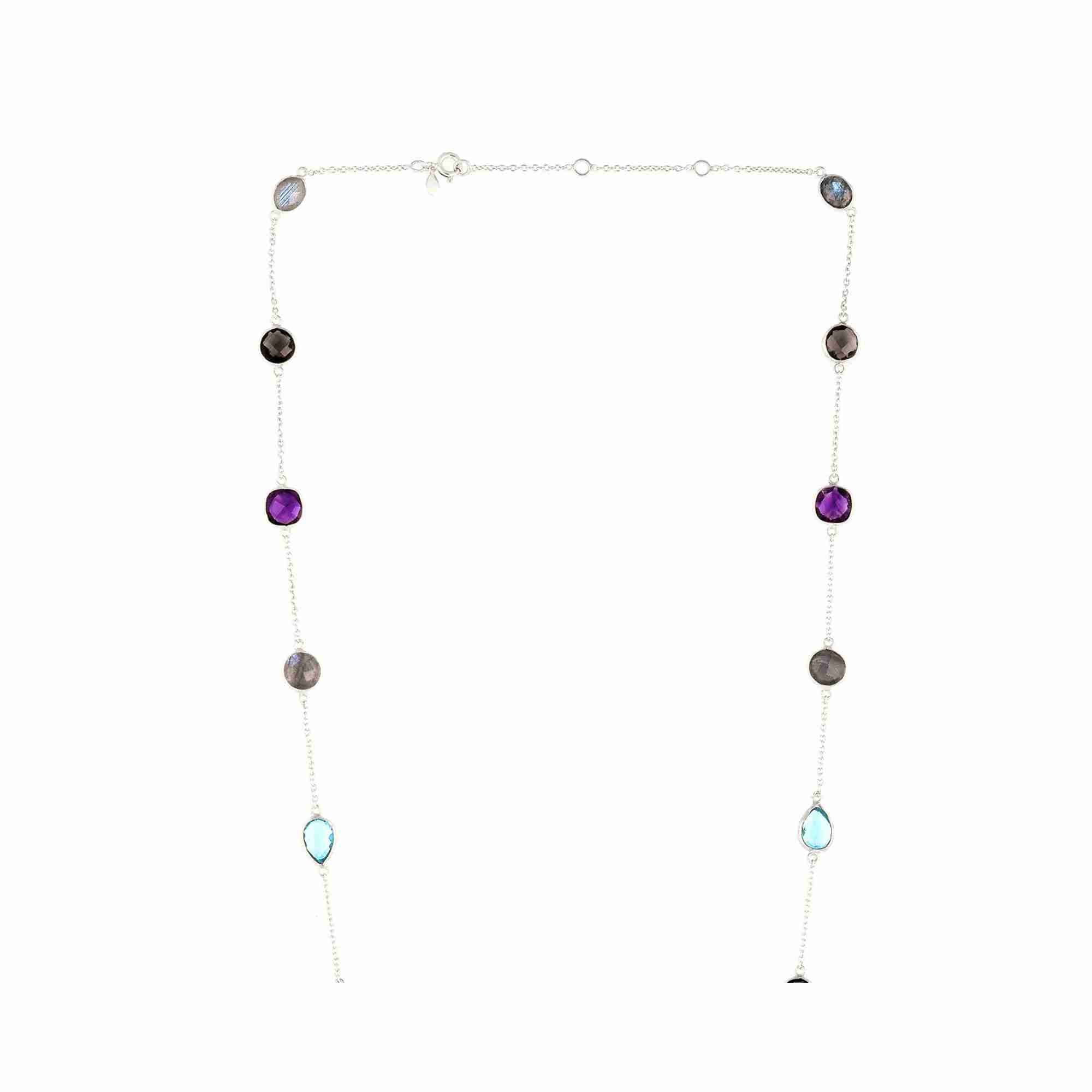 Protsaah Zurich - Kaleidoscope Aura multi gemstone long station layering necklace in recycled silver close-up detail, handcrafted sustainable jewelry Switzerland.