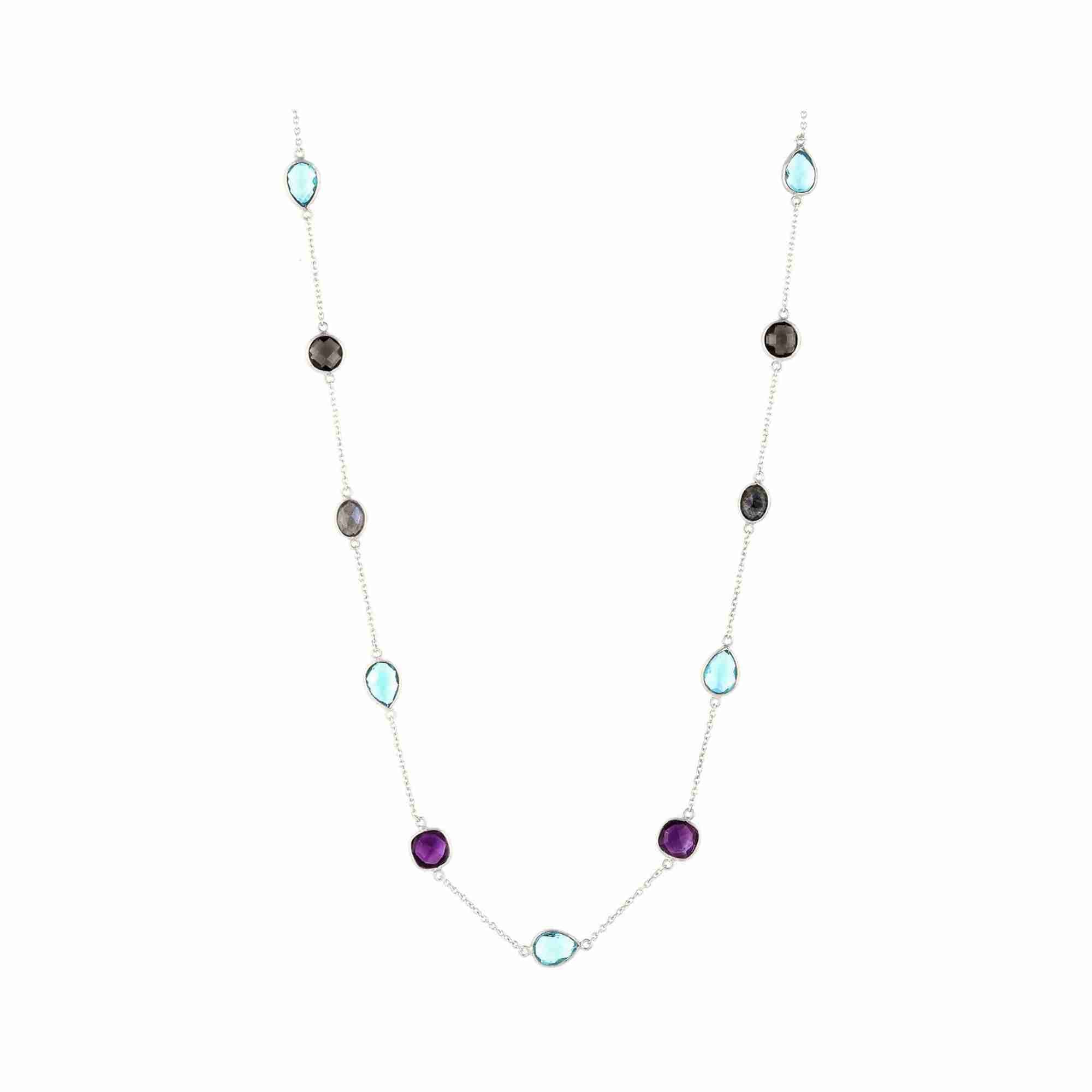Protsaah Zurich - Kaleidoscope Aura multi gemstone long station layering necklace in recycled silver side view, handcrafted sustainable jewelry Switzerland.