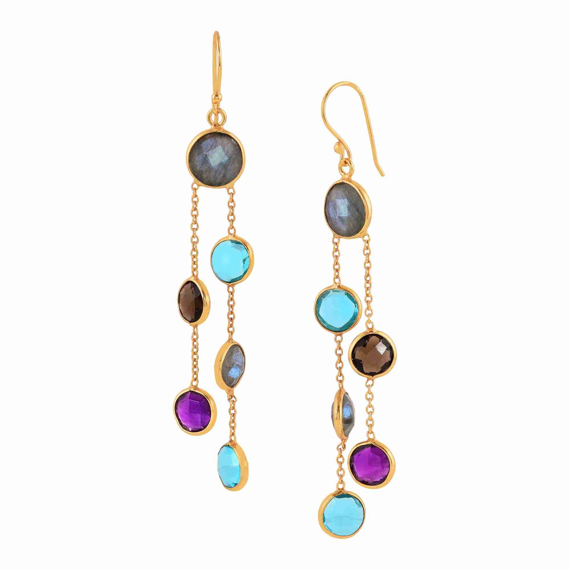 Product picture named Kaleidoscope Aura displaying a front and dynamic profile view of the Multi-Stone Gold Heirloom Earrings on French hooks against a plain white background, showcasing a double-strand tiered dangle design in warm 22K gold plated 925 Silver over recycled silver set with bezel-wrapped round and oval Labradorite, bright Blue Topaz, faceted Smoky Quartz, and vibrant purple Amethyst gemstones by Protsaah Zurich.
