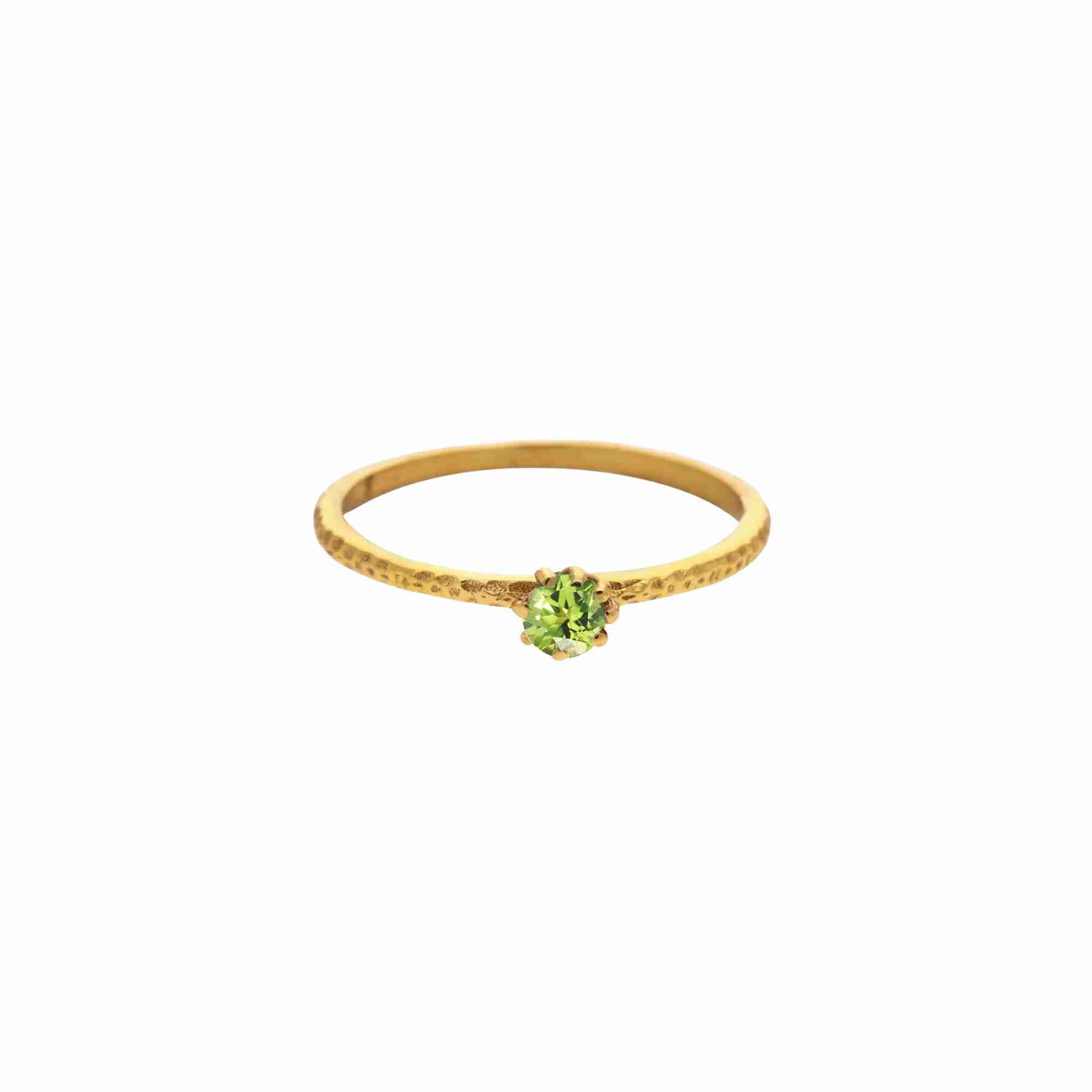 Protsaah Zurich - Kaleidoscope Aura Peridot 3mm round gemstone hammered gold solitaire ring, 22K gold-plated recycled sterling silver minimal stacking band, ethical Jaipur craftsmanship.