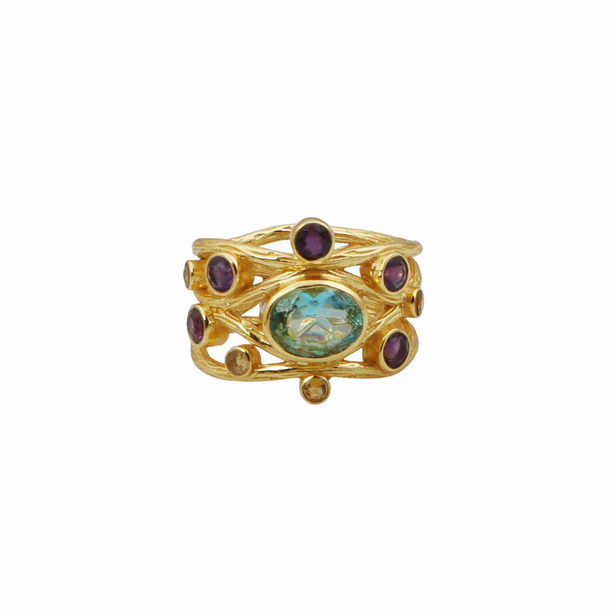 Kaleidoscope Blue Topaz Amethyst & Citrine Statement Ring Gold — wide organic twig-style band with oval Blue Topaz centre and scattered Amethyst and Citrine accents in high-polish 22K gold finish — Protsaah.