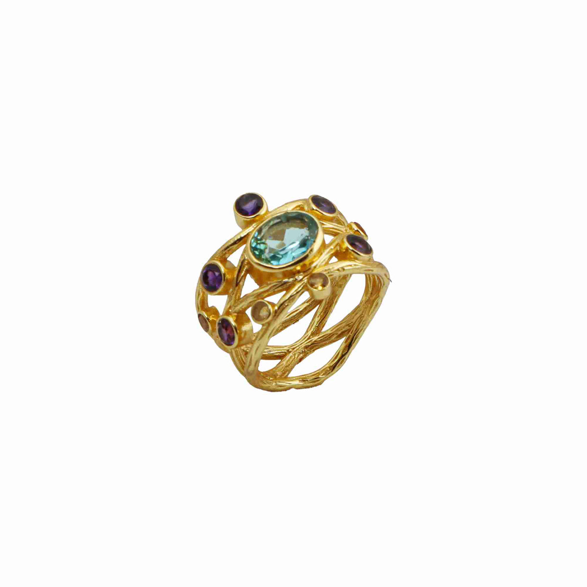 Kaleidoscope Blue Topaz Amethyst & Citrine Statement Ring Gold — wide organic twig-style band with oval Blue Topaz centre and scattered Amethyst and Citrine accents in high-polish 22K gold finish — Protsaah.