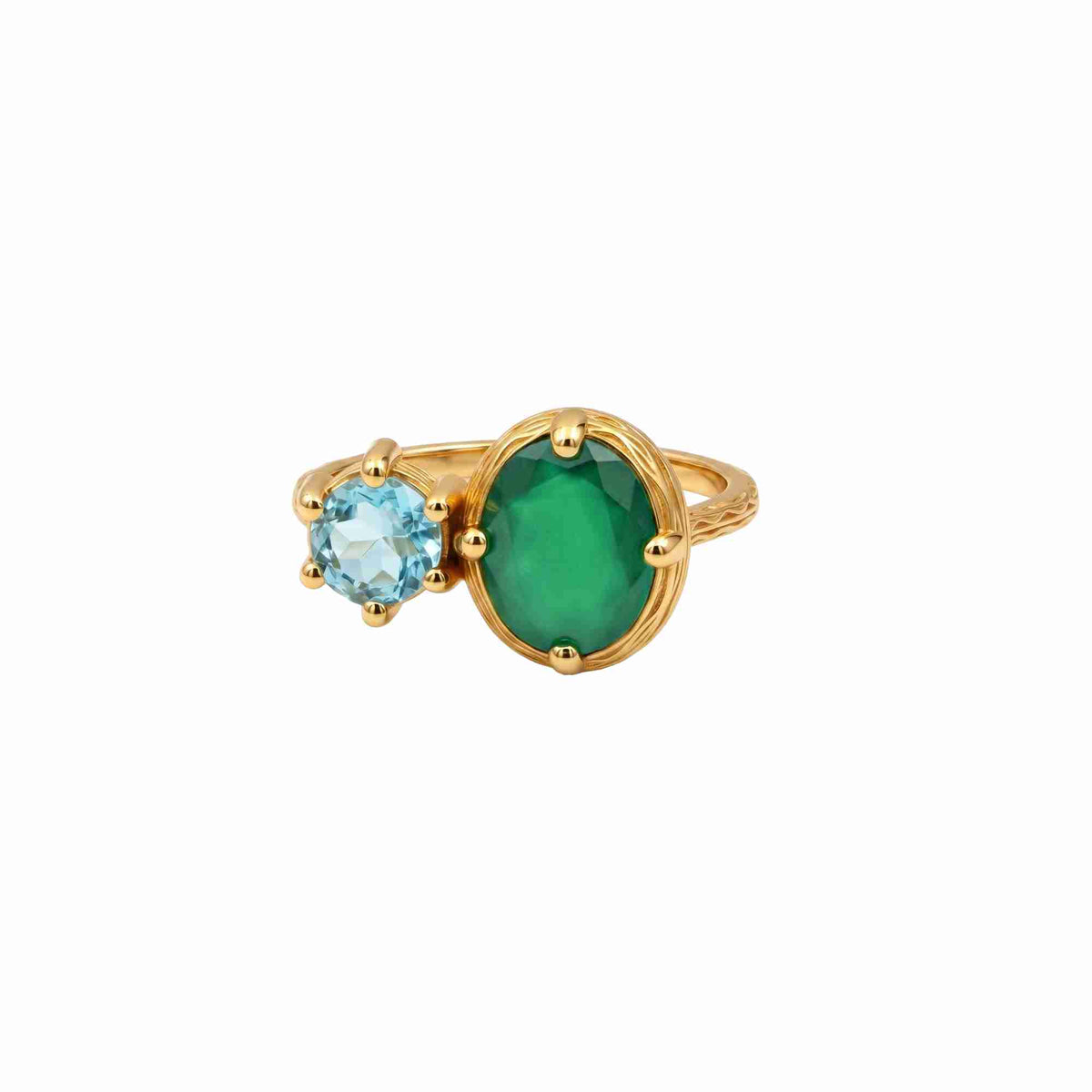 Protsaah Zurich - Top view of Kaleidoscope Green Onyx & Blue Topaz Toi et Moi Cocktail Ring Gold featuring an oval vibrant Green Onyx and round light blue Topaz set side-by-side in 22K gold-plated recycled sterling silver.