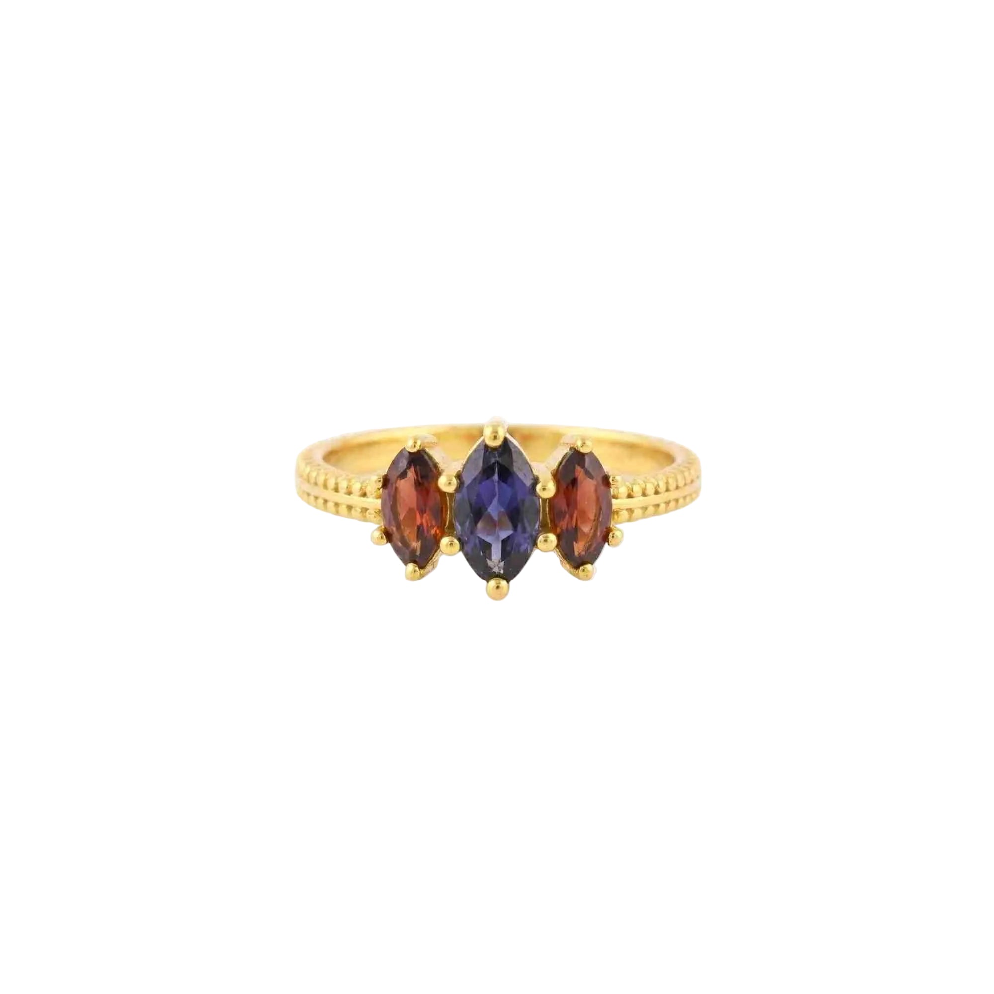 Kaleidoscope Iolite and Garnet Three-Stone Marquise Ring Gold — three marquise-cut gemstones in an adjustable 22K gold plated 925 Silver band by Protsaah Zurich.