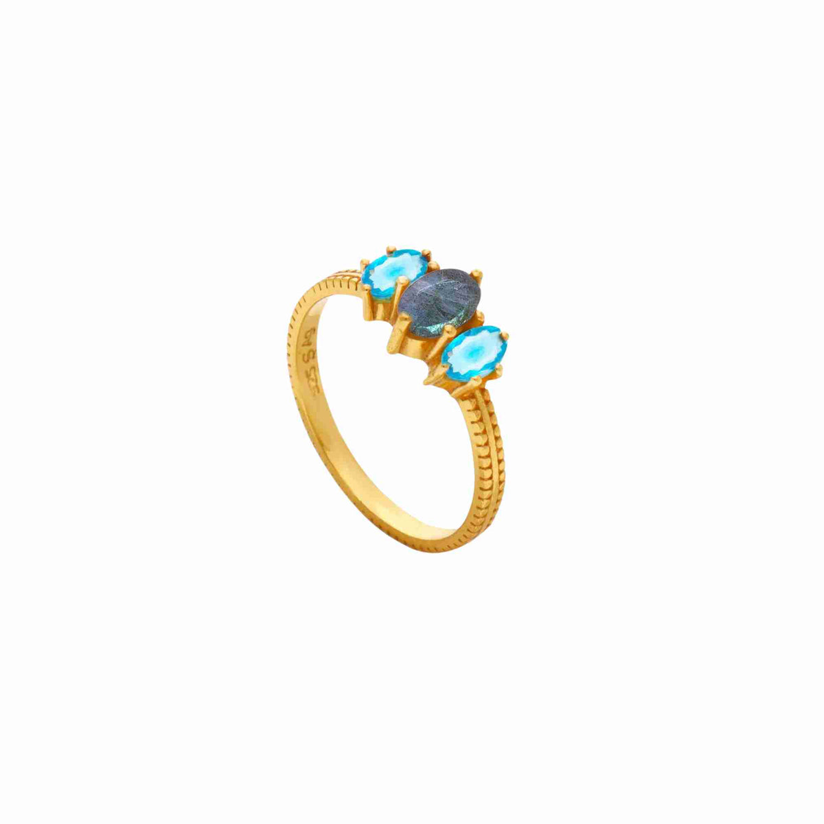Kaleidoscope Labradorite-Blue Topaz Three-Stone Marquise Ring Gold — marquise-cut Labradorite flanked by Blue Topaz in a protective eye layout on a beaded texture band in 22K gold finish — Protsaah.