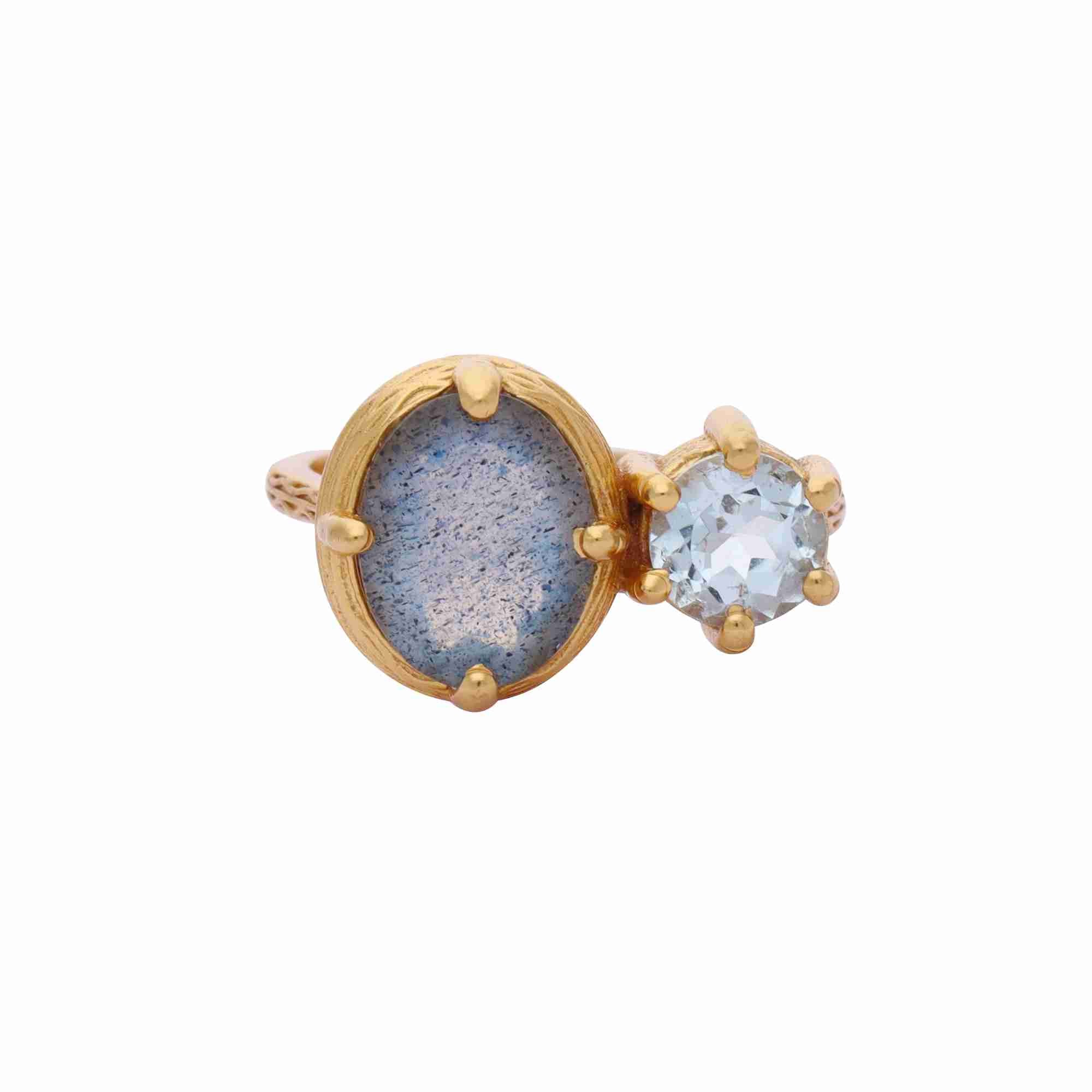 Protsaah Zurich - Top view of Kaleidoscope Labradorite & Blue Topaz Toi et Moi Cocktail Ring featuring an oval iridescent Labradorite and round light blue Topaz set side-by-side in 22K gold vermeil.