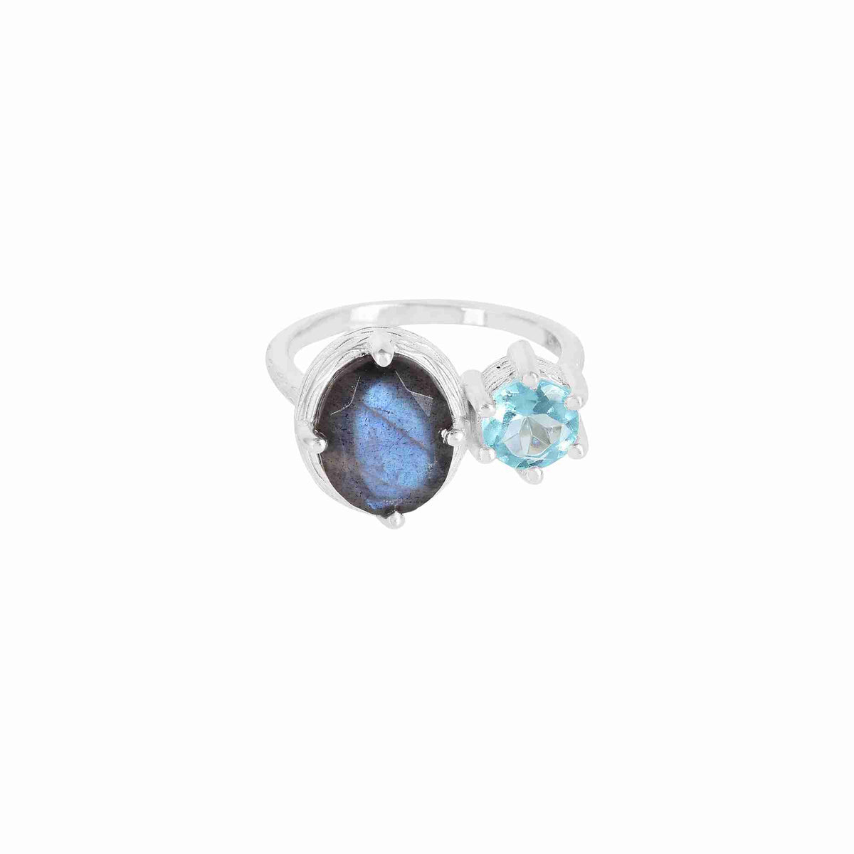 Protsaah Zurich - Top view of Kaleidoscope Labradorite & Blue Topaz Toi et Moi Cocktail Ring Silver featuring an oval blue-flash Labradorite and round light blue Topaz set side-by-side in recycled 925 sterling silver.