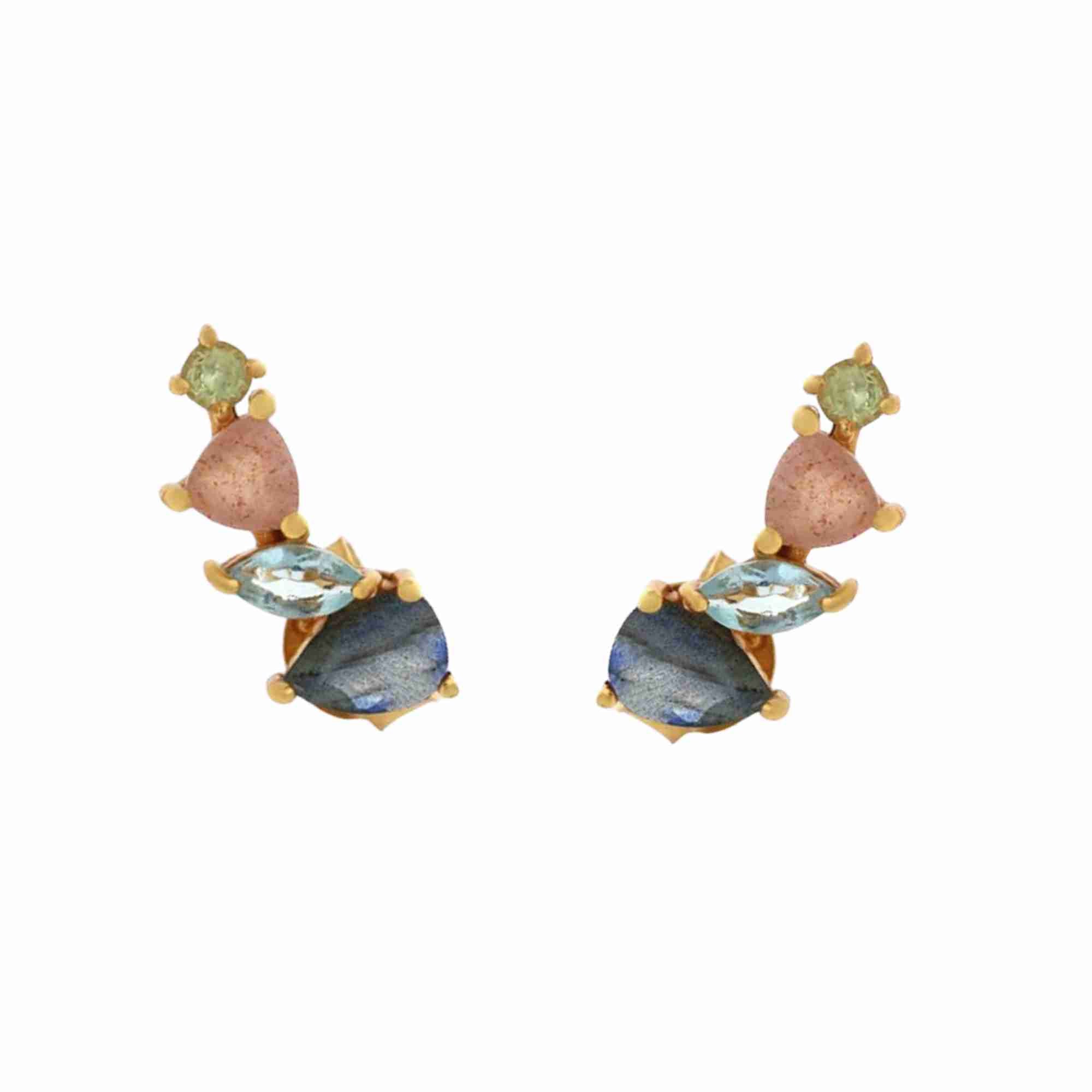 Protsaah Zurich - Kaleidoscope multi gemstone ear climbers stud earrings in 22K gold-plated recycled silver with Labradorite, Blue Topaz, Peach Moonstone, and Peridot, handcrafted sustainable jewelry Switzerland.