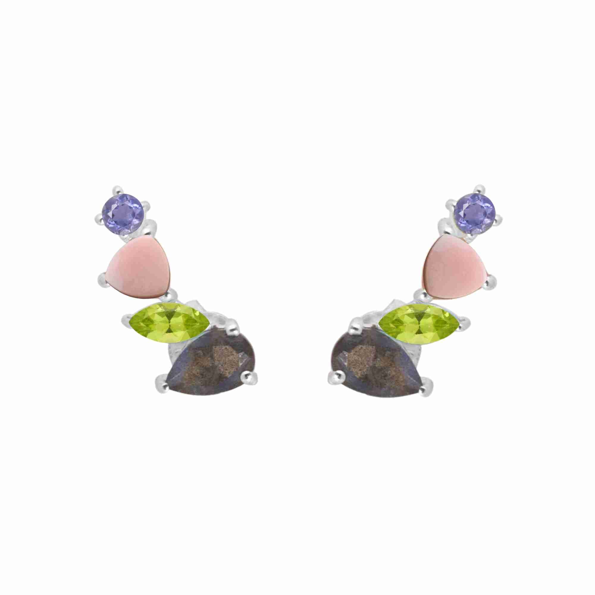 Protsaah Zurich - Kaleidoscope multi gemstone ear climbers stud earrings in recycled silver with Labradorite, Peridot, Pink Opal, and Iolite, handcrafted sustainable jewelry Switzerland.