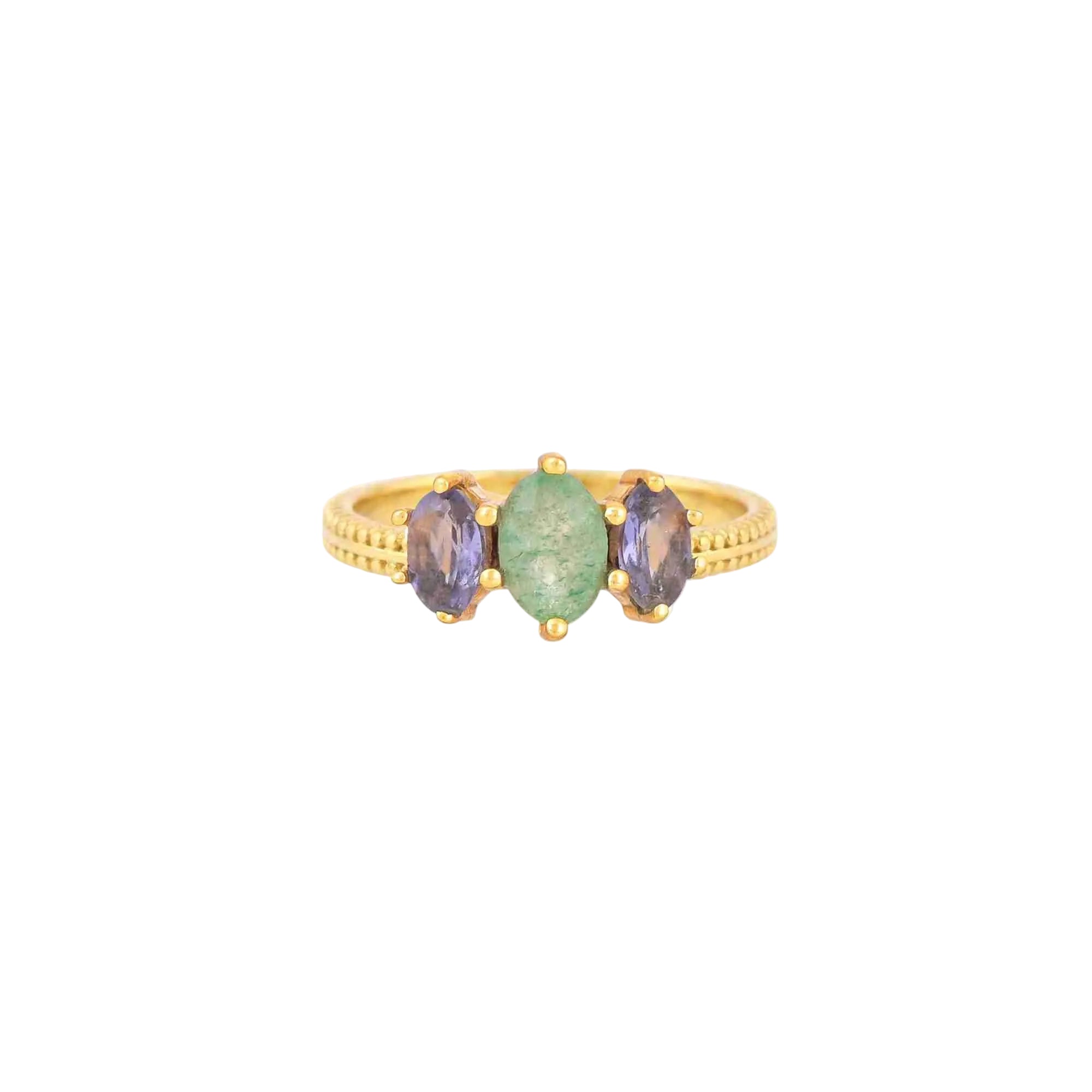 Studio product photography of the Protsaah Kaleidoscope Nephrite and Iolite Three-Stone Marquise Ring in Gold (SKU: RN-032-AU-NFR-IO), highlighting a central marquise-cut green nephrite stone flanked by two violet-blue iolite gems on a beaded 22K gold plated 925 Silver band.