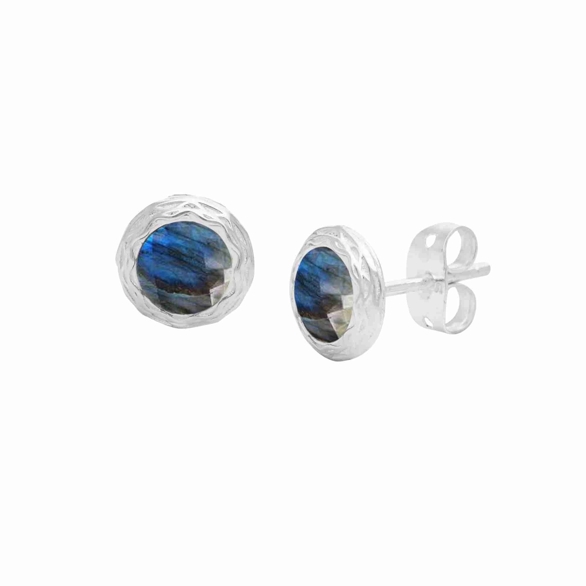 Product photography of Kaleidoscope Rose-Cut Labradorite Sterling Silver Stud Earrings, highlighting the faceted, bezel-set dark iridescent blue gemstone enclosed in an artisan hand-applied filigree silver frame — Protsaah Zurich.