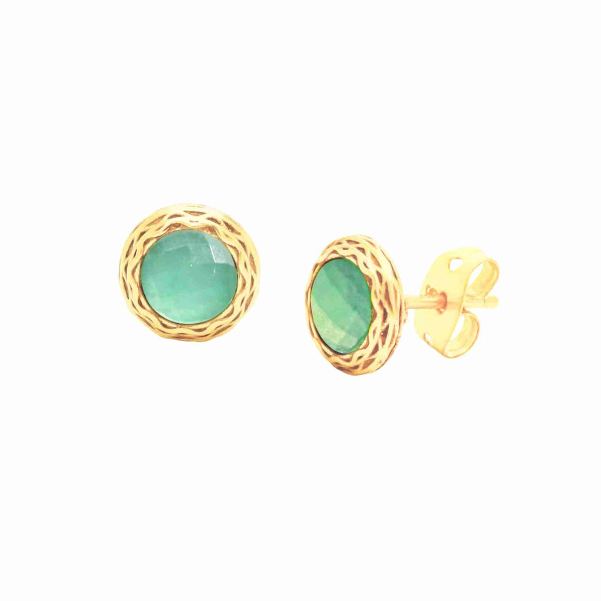 Product photography of Kaleidoscope Rose-Cut Nephrite Gold Stud Earrings, highlighting the off-center bezel-set green gemstone on an artisan hand-applied scratch-finish disk — Protsaah Zurich.