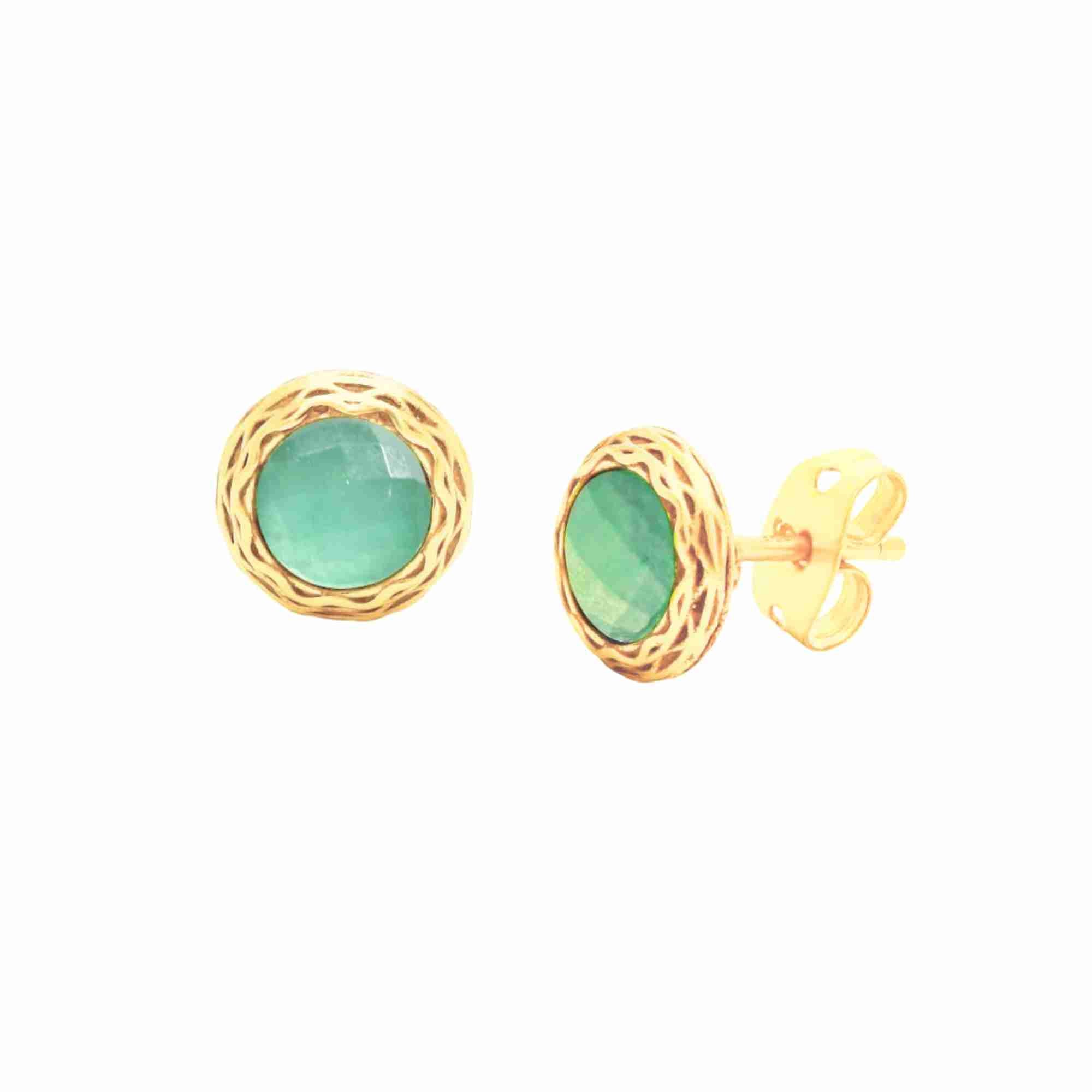 Product photography of Kaleidoscope Rose-Cut Nephrite Gold Vermeil Stud Earrings, highlighting the off-center bezel-set green gemstone on an artisan hand-applied scratch-finish disk — Protsaah Zurich.