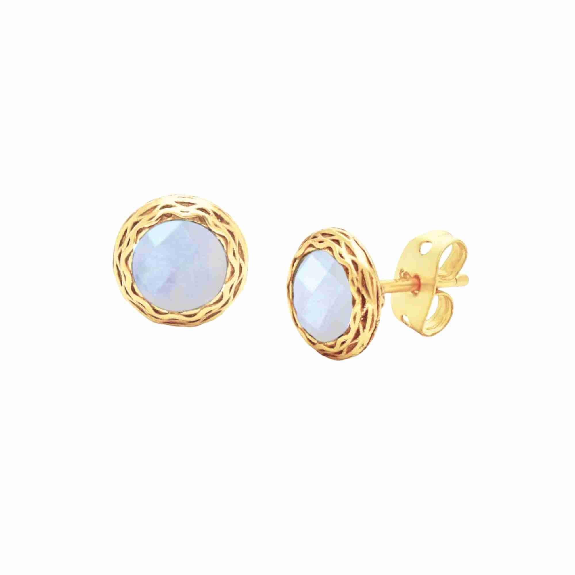 Product photography of Kaleidoscope Rose-Cut Rainbow Moonstone Gold Vermeil Stud Earrings, highlighting the off-center bezel-set iridescent gemstone on an artisan hand-applied scratch-finish disk — Protsaah Zurich.