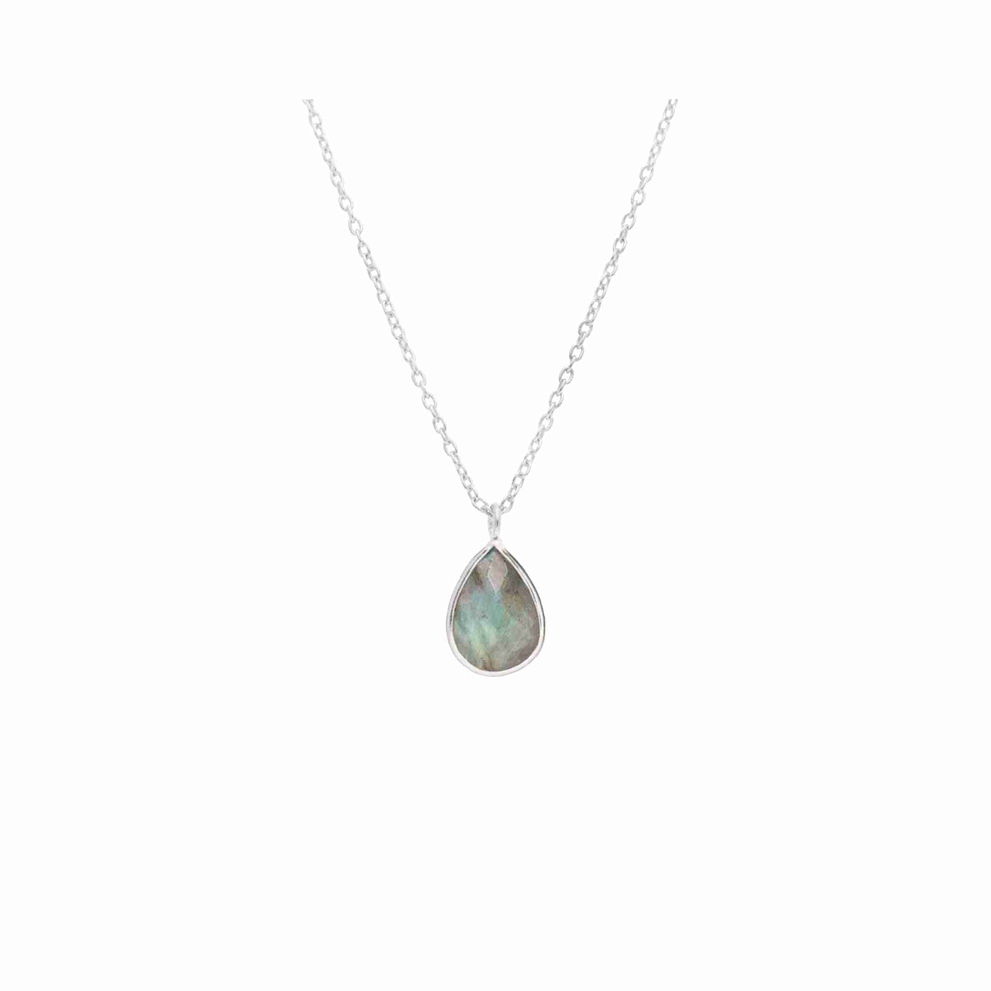 Dew Drops Labradorite Teardrop Pendant Necklace Silver — floating faceted Labradorite teardrop pendant with blue-grey iridescence in a delicate silver frame on a triple-adjustable chain — Protsaah.