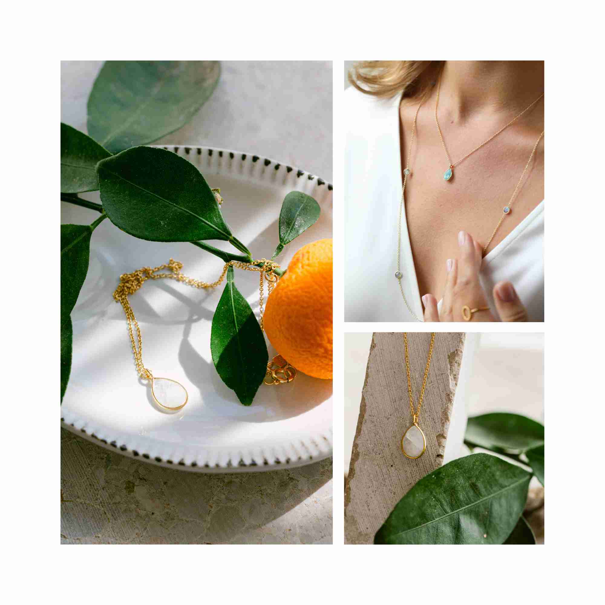 Dew Drops Rainbow Moonstone Teardrop Pendant Necklace Gold