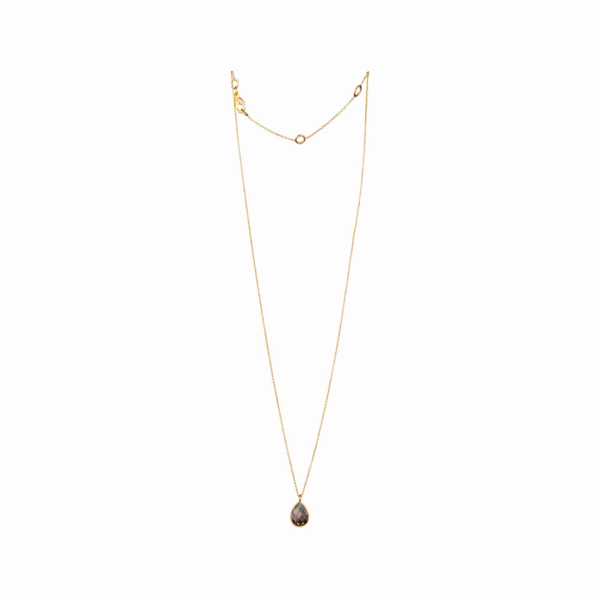 Dew Drops Smoky Quartz Teardrop Pendant Necklace Gold — floating deep brown Smoky Quartz teardrop pendant in a delicate gold-plated silver frame on a triple-adjustable chain — Protsaah.