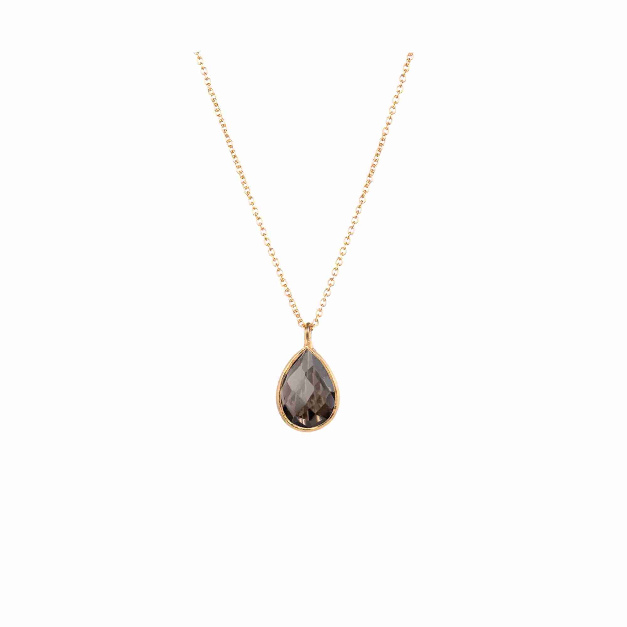 Dew Drops Smoky Quartz Teardrop Pendant Necklace Gold — floating deep brown Smoky Quartz teardrop pendant in a delicate gold-plated silver frame on a triple-adjustable chain — Protsaah.