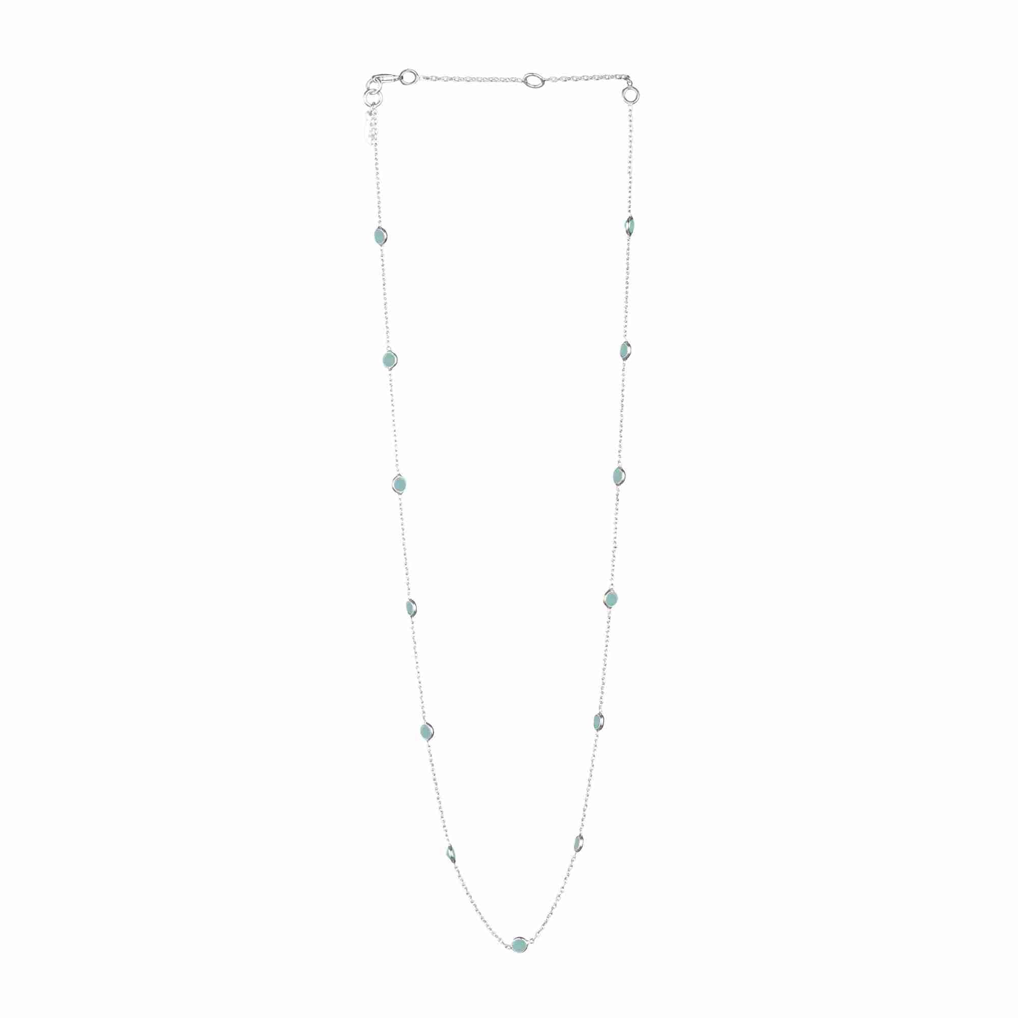 Dew Drops Dotted Aqua Chalcedony Short Necklace Silver — 925 recycled silver fine chain station necklace set with translucent sea-glass blue Aqua Chalcedony gemstone beads — Protsaah.