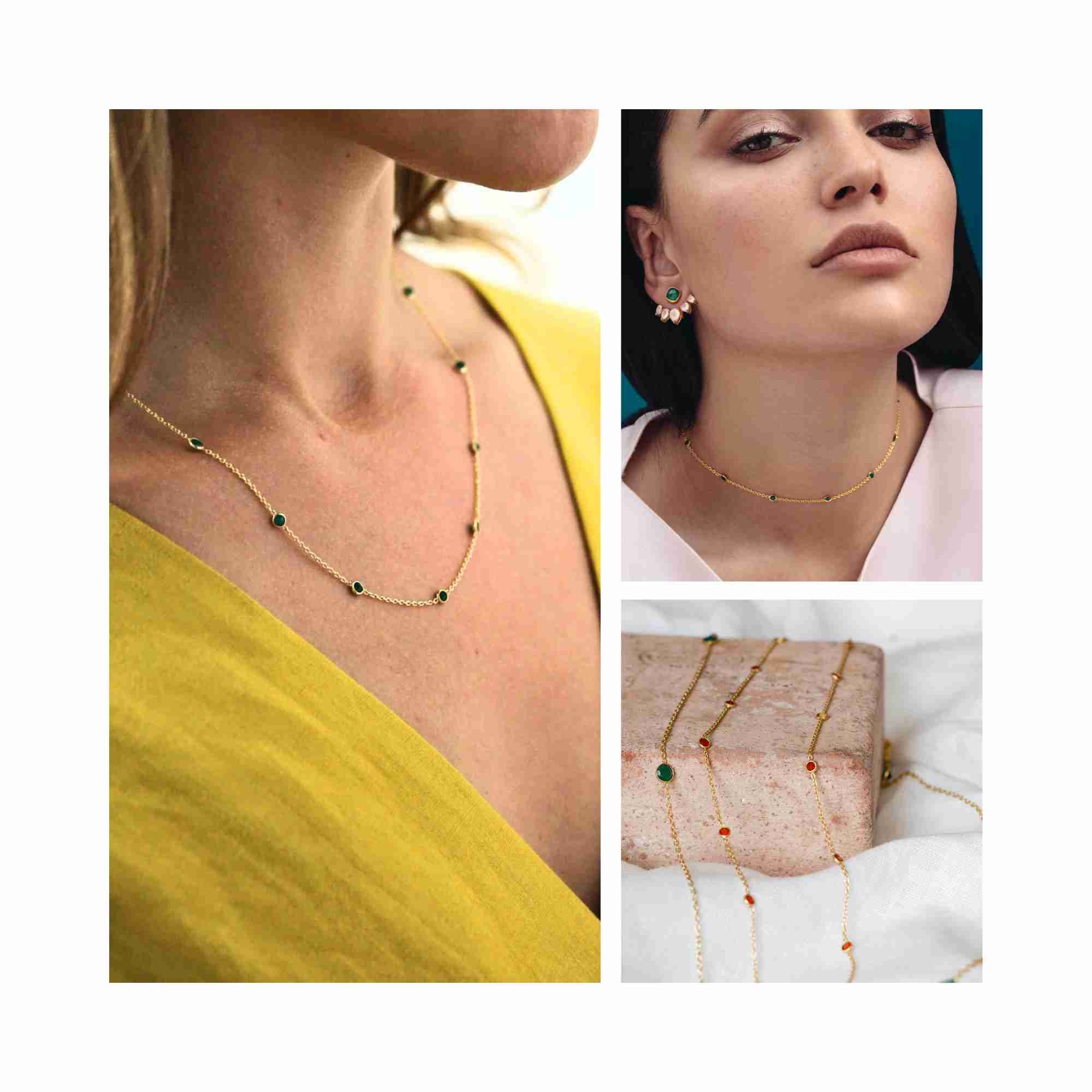 Dew Drops Dotted Green Onyx Necklace Gold