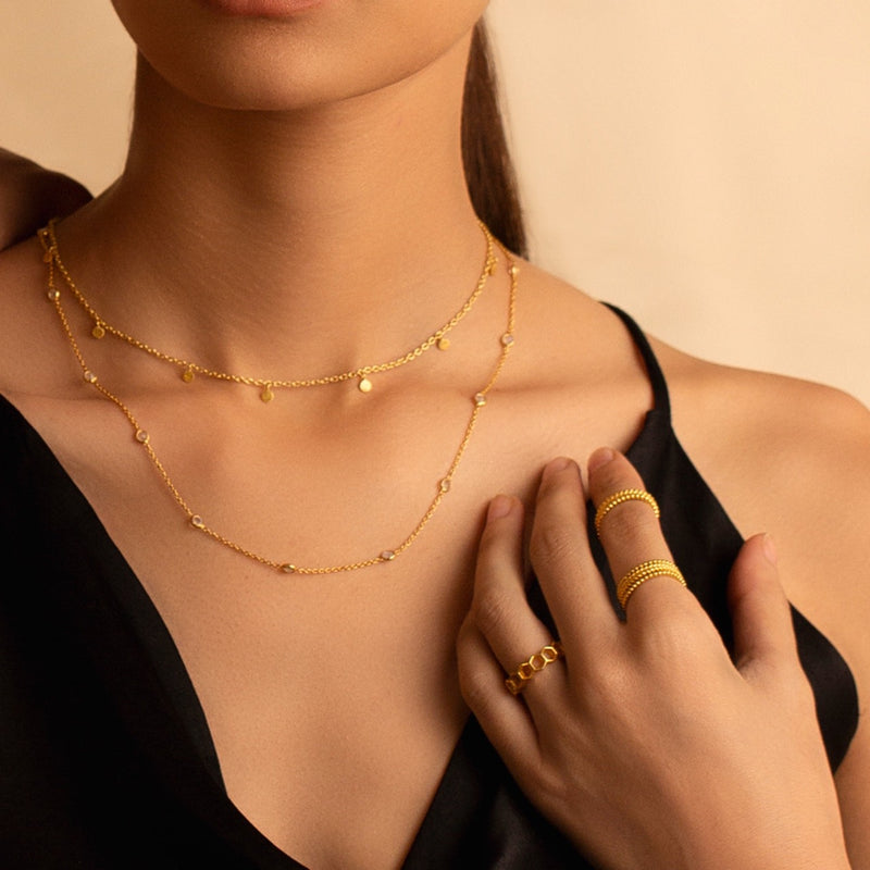 Dew Drops Dotted Rainbow Moonstone Necklace Gold