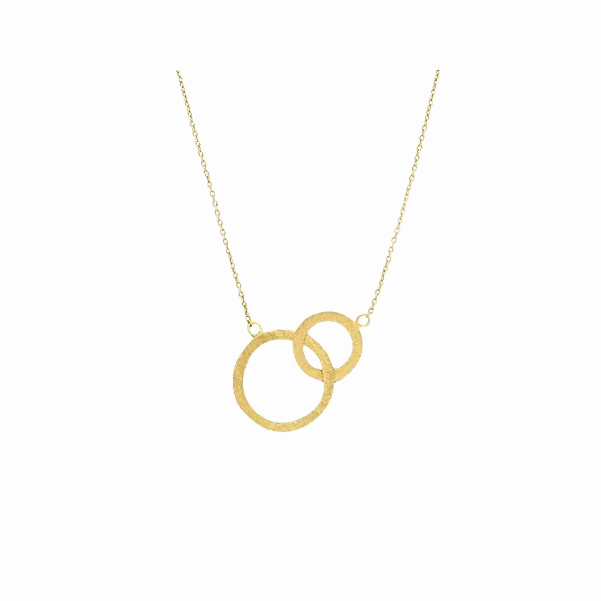 Shimmering Disks Gold Interlinked Necklace; delicate chain design with two interlinked circular stations and a signature brushed-satin finish over 92.5 recycled silver.